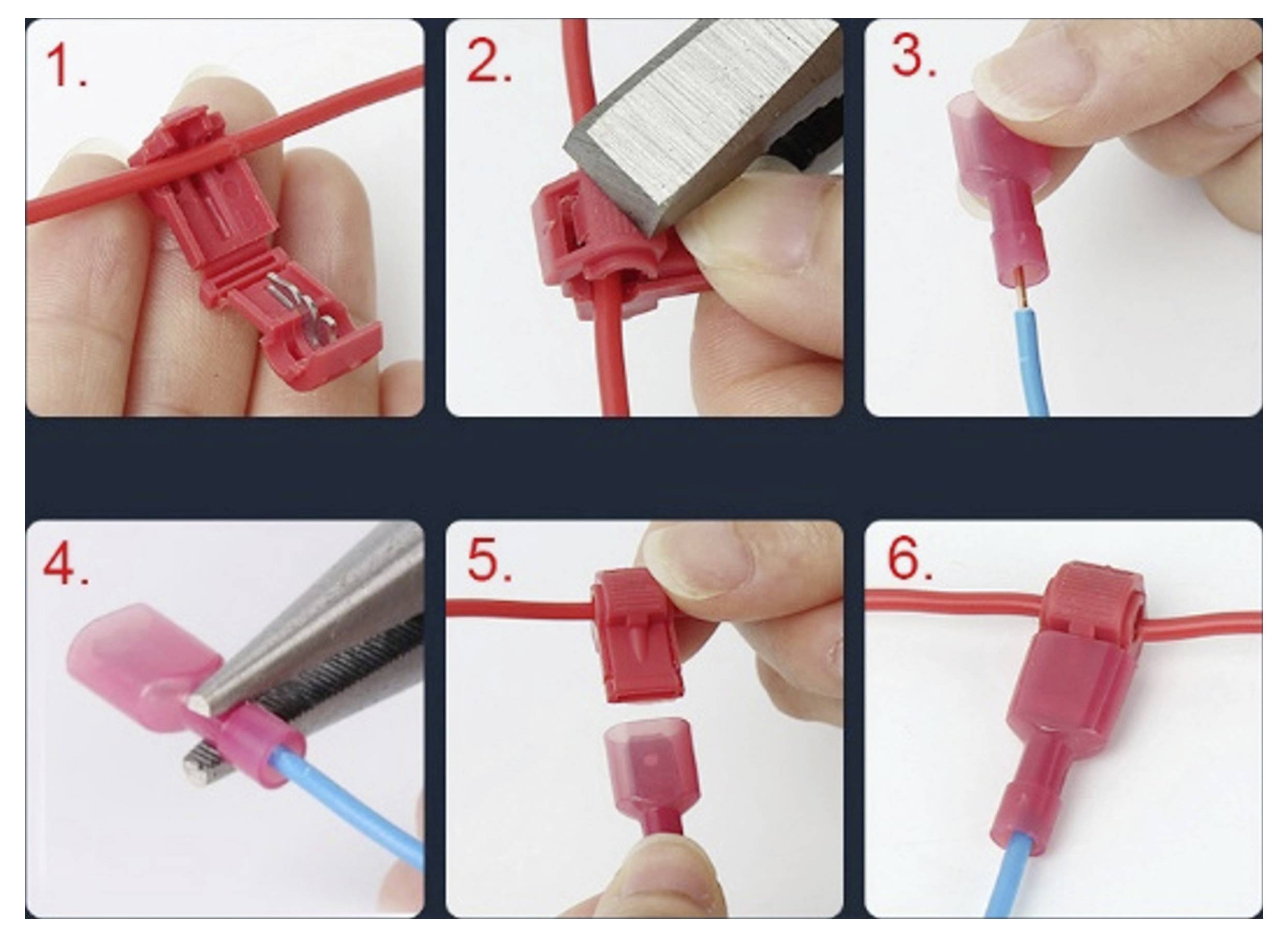 Schritt-für-Schritt-Anleitung zum Verbinden eines roten und blauen Drahts mit einem Schnappstecker. Schritte: Einfügen, Klemmen, Draht einfügen, Schneiden, Stecker schließen.