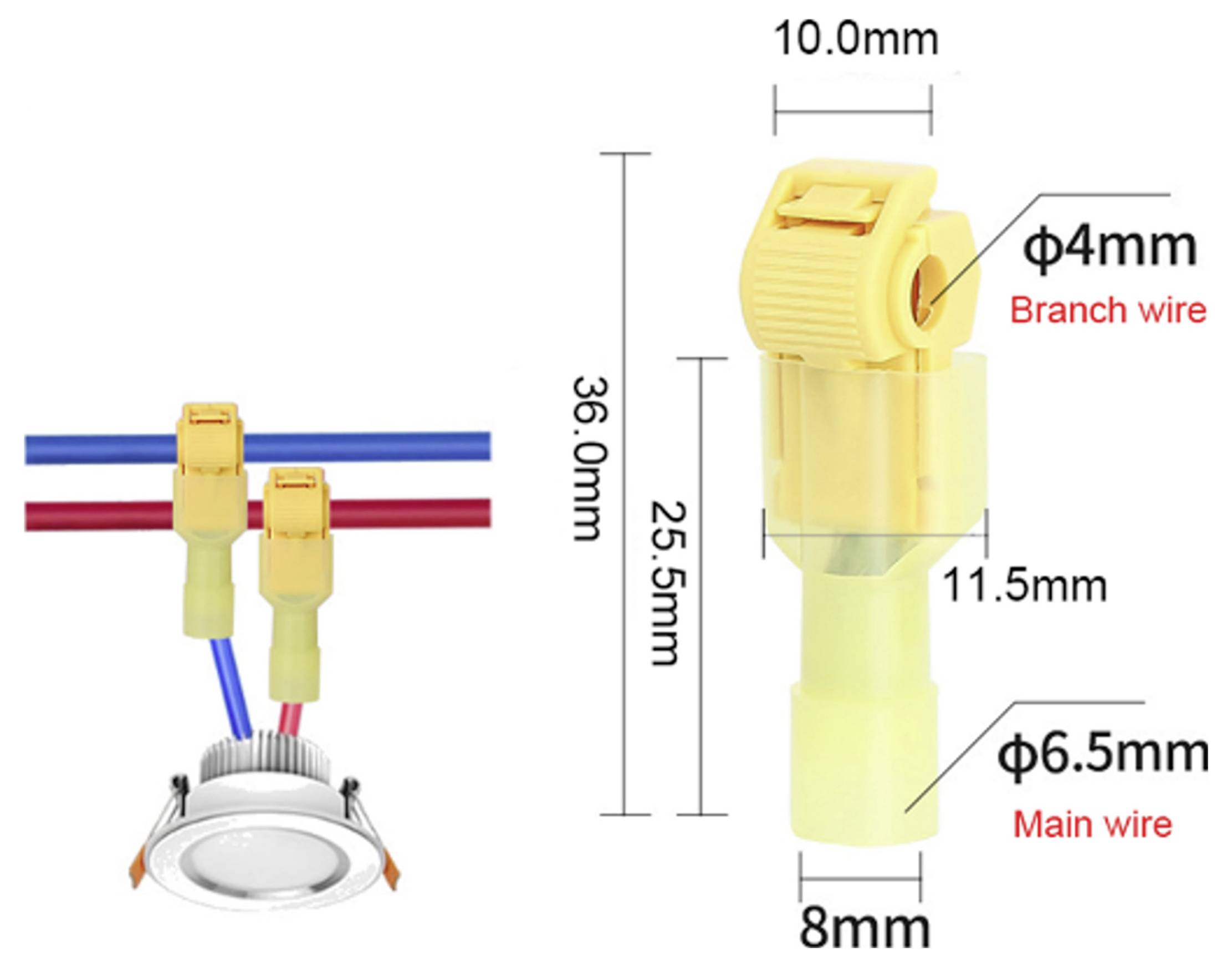 „Diagramm, das einen Verdrahtungsstecker für Deckenleuchten zeigt, mit Hauptleitungsdurchmesser von 6,5 mm und Abzweigungsleitungsdurchmesser von 4 mm.