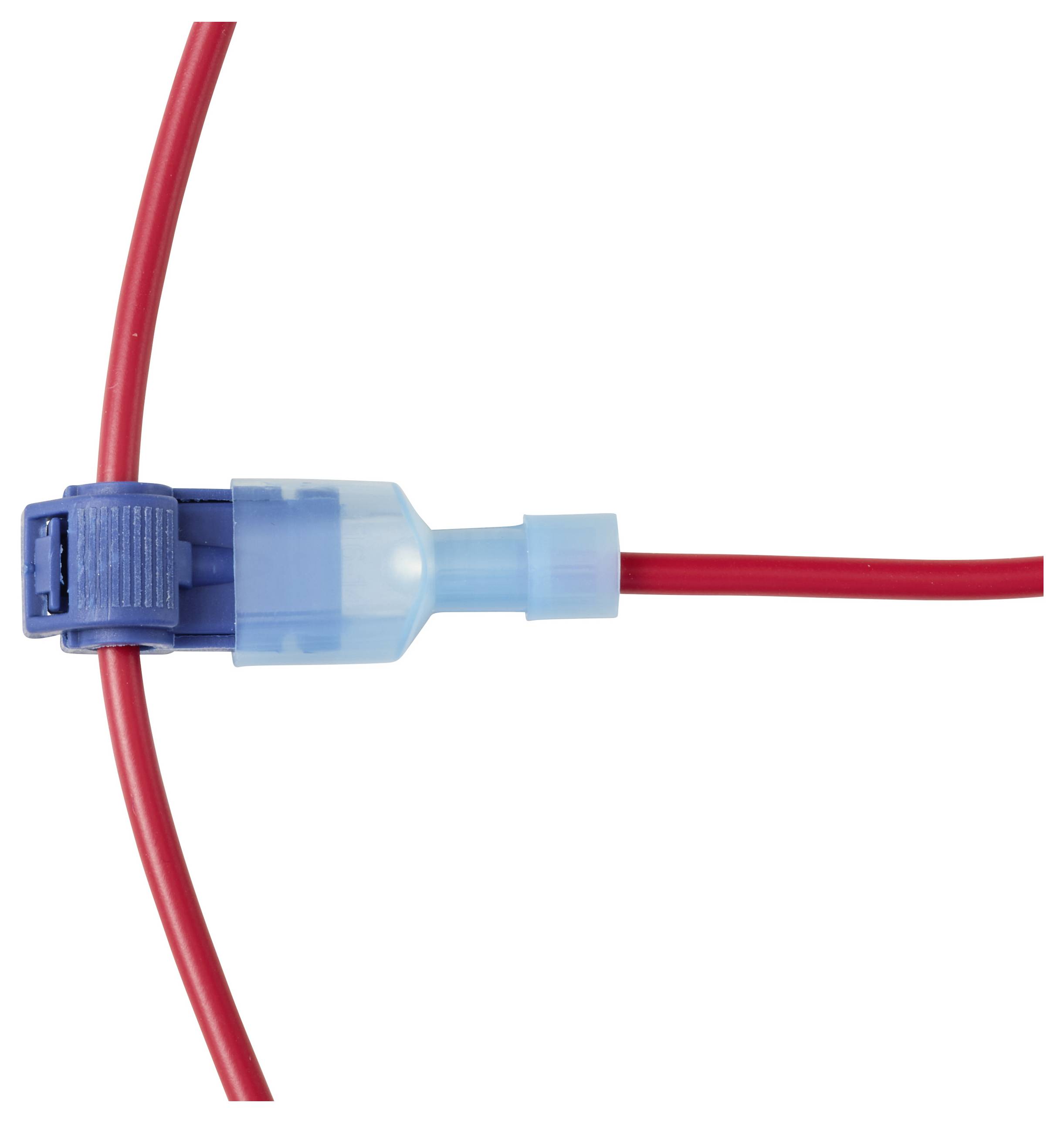 Rote Drähte, die durch einen blauen Elektrostecker verbunden sind.