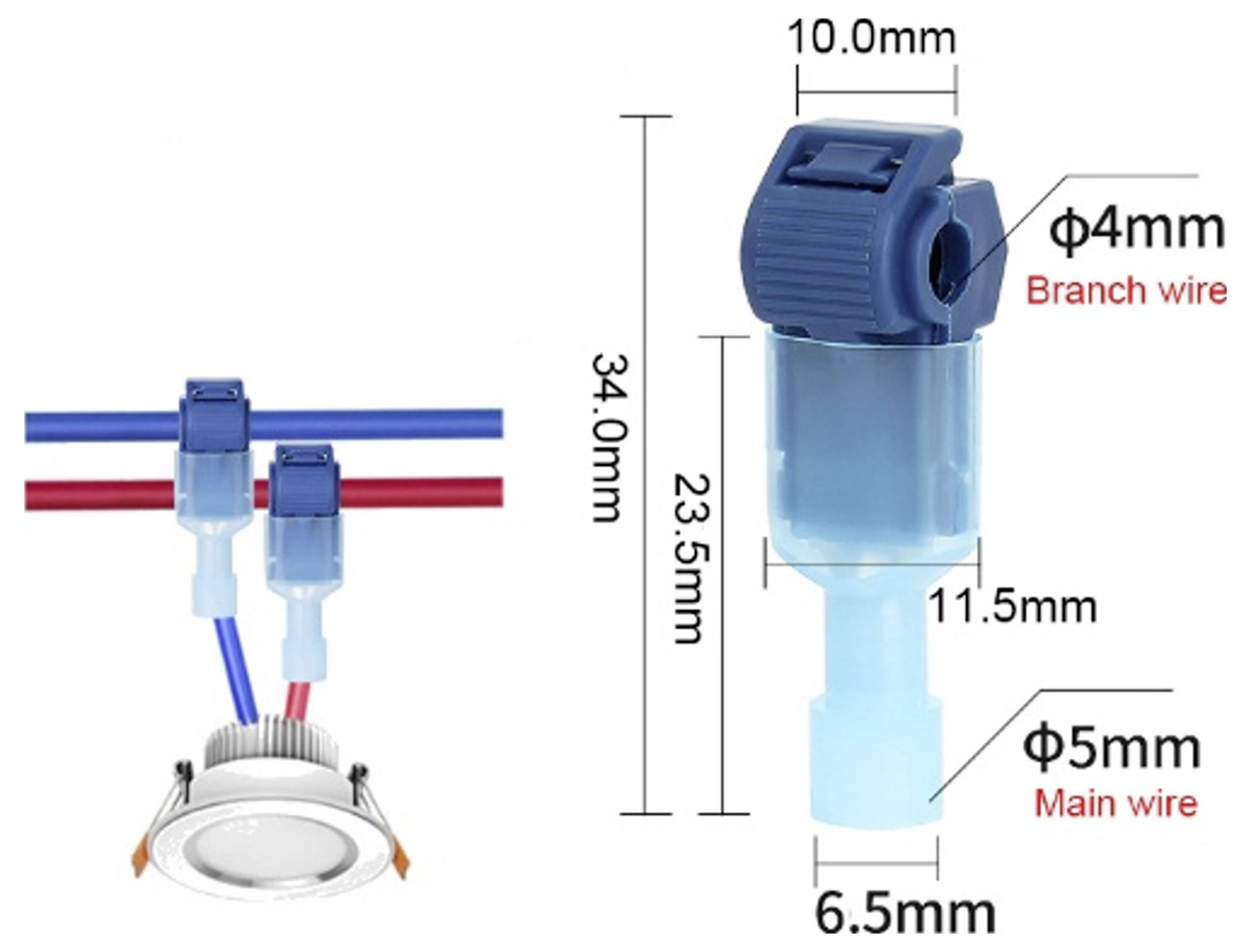 Elektrischer Steckerdiagramm: Hauptleiter 5mm verbindet sich mit Abzweigungsleiter 4mm. Abmessungen: 10mm Breite, 34mm Länge, 6,5mm Basis.