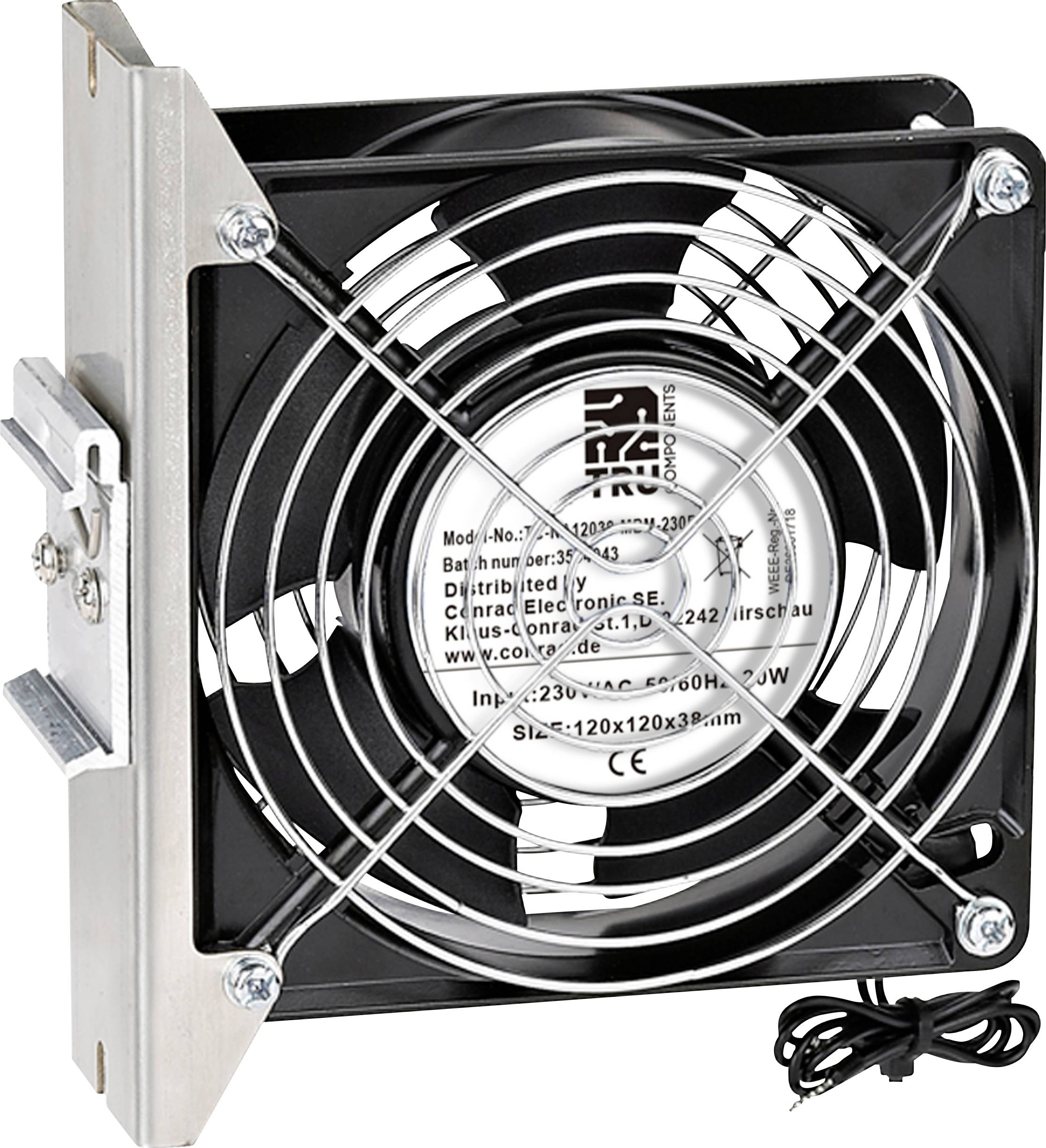 Industrieller Kühlventilator mit Metallschutzgitter, auf einer Halterung montiert. Ventilatordetails sind in schwarzem Text auf silbernem Hintergrund gedruckt.