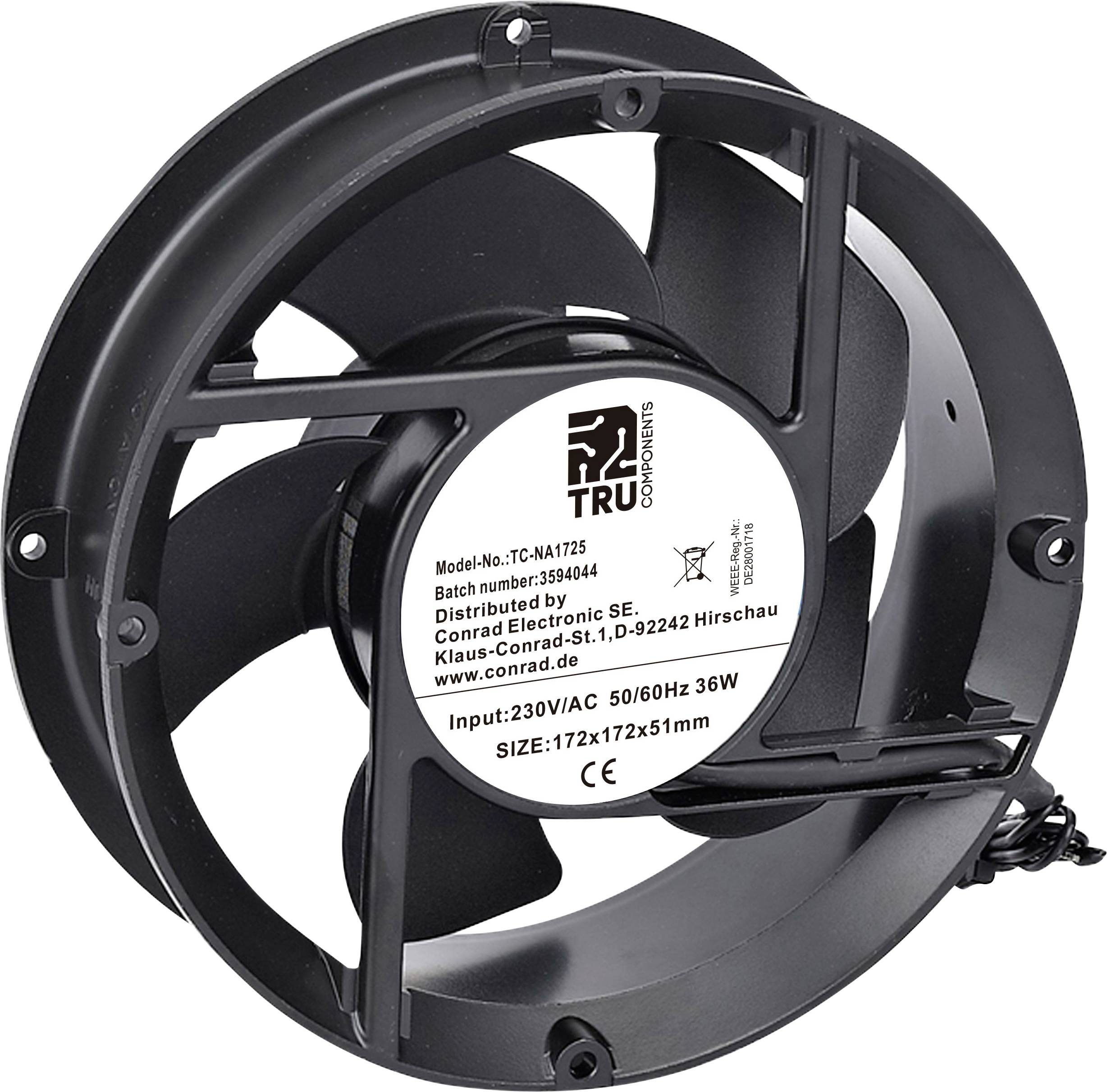 Ein schwarzer Industrielüfter mit einem weißen Etikett auf der Rückseite, auf dem das Modell TC-NA1725, 230V/AC 50/60Hz 36W und die Größe 172x172x51mm angegeben sind.
