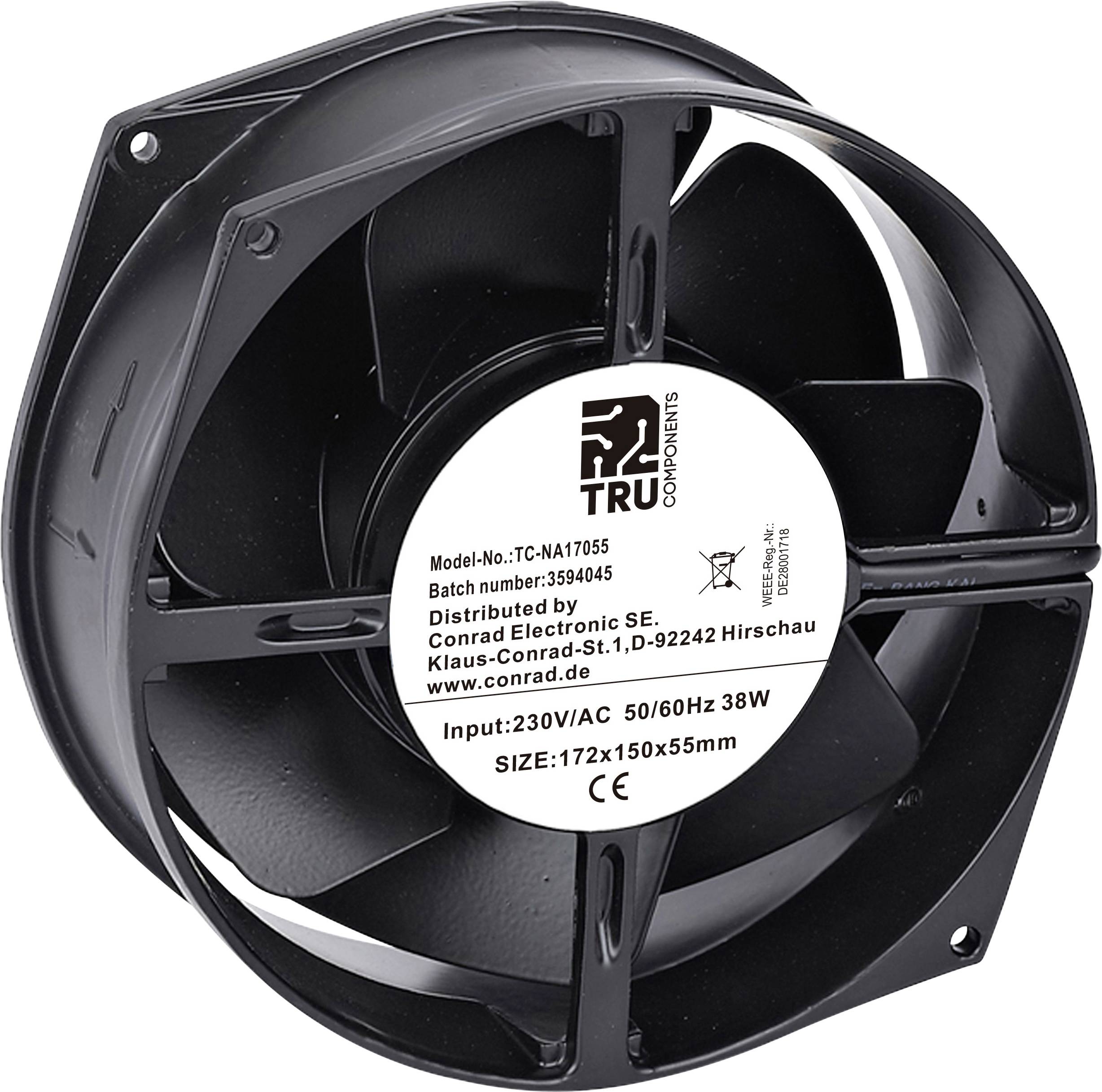 Ein schwarzer Kühlventilator mit Etikettdetails: TRU Components, 230V AC, 50/60Hz, 38W, Größe 172x150x55mm. Vertrieb durch Conrad Electronic SE.