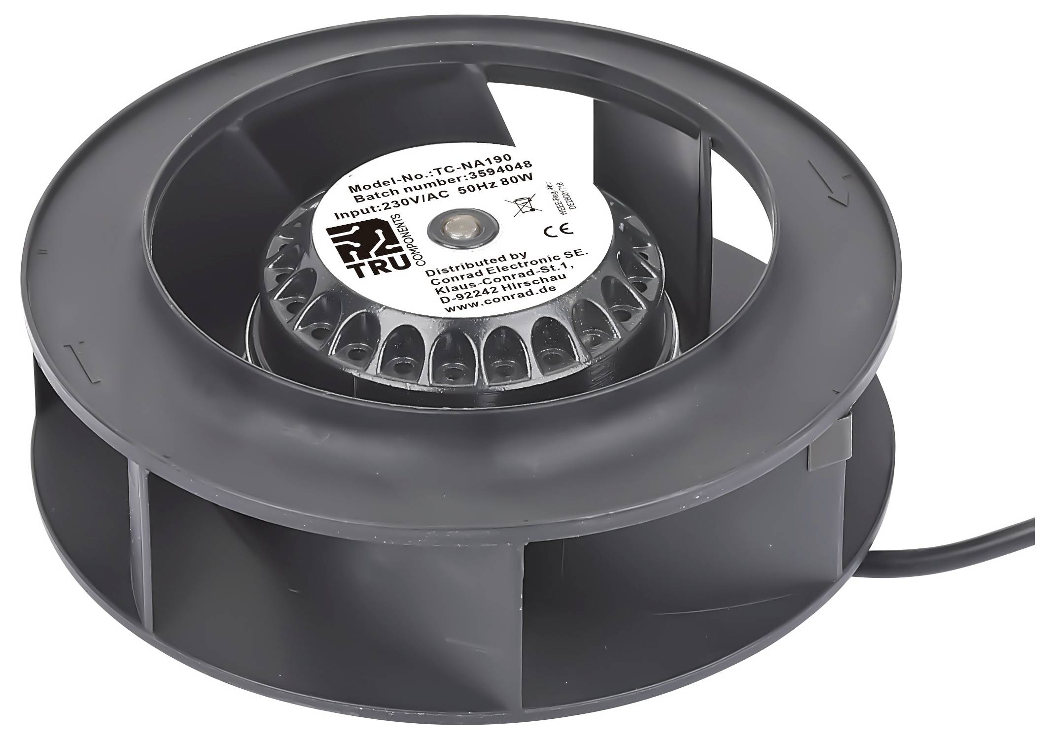 Ein schwarzer zylindrischer Ventilator mit der Modellnummer YG-M1498 wird gezeigt, der eine Leistungsaufnahme von 33W und eine Eingangsspannung von 220V AC, 50Hz aufweist.