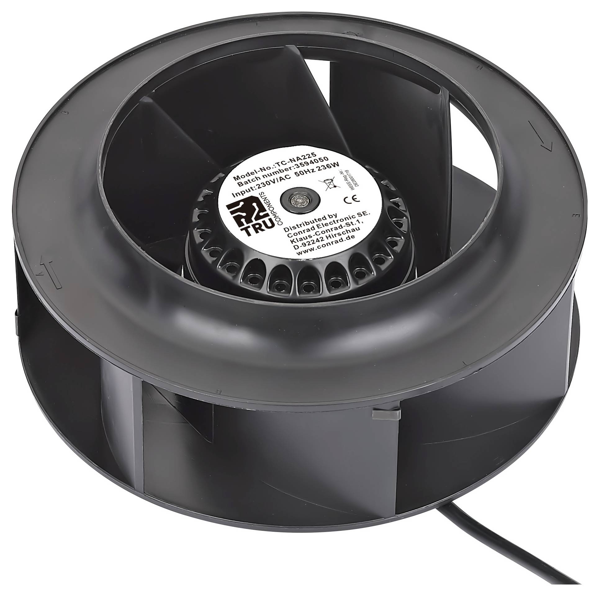 Ein schwarzer zylindrischer Kanalventilator mit zentralem Laufrad, gekennzeichnet mit Modell- und elektrischen Spezifikationen, wird in Belüftungssystemen verwendet.