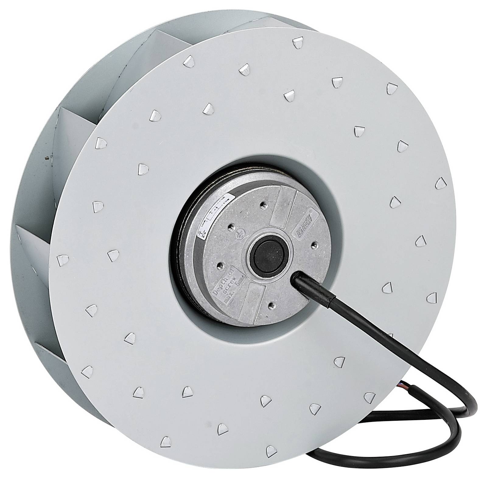 Ein runder, industrieller Ventilator mit zentraler Motorachse und mehreren abgewinkelten Schaufeln, entwickelt für die Luftzirkulation in Maschinen.