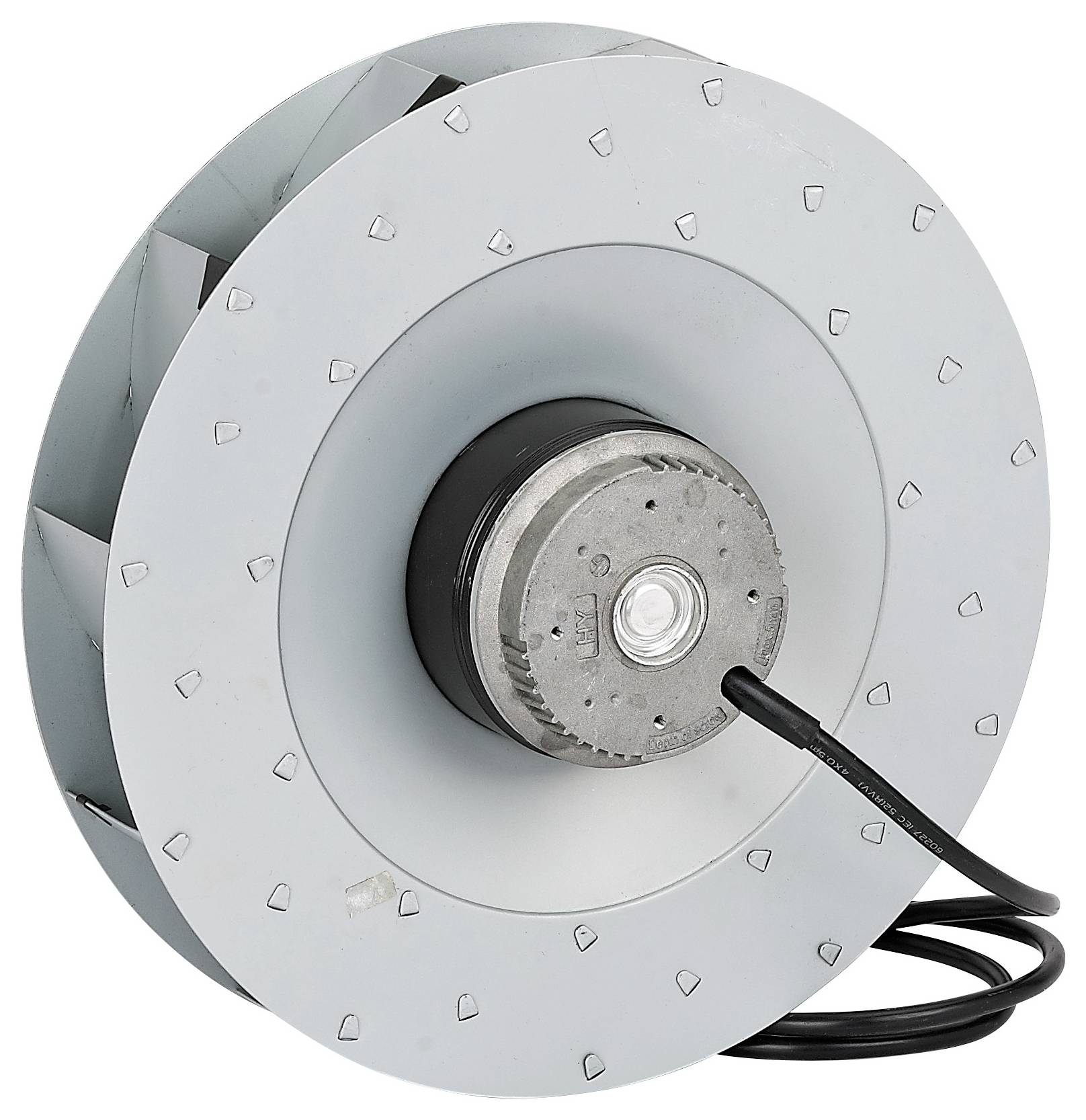 Ein Metall-Zentrifugalventilator mit rundem Gehäuse, sichtbaren Laufradschaufeln und angeschlossenem Stromkabel, verwendet für Belüftungs- oder Kühlsysteme.