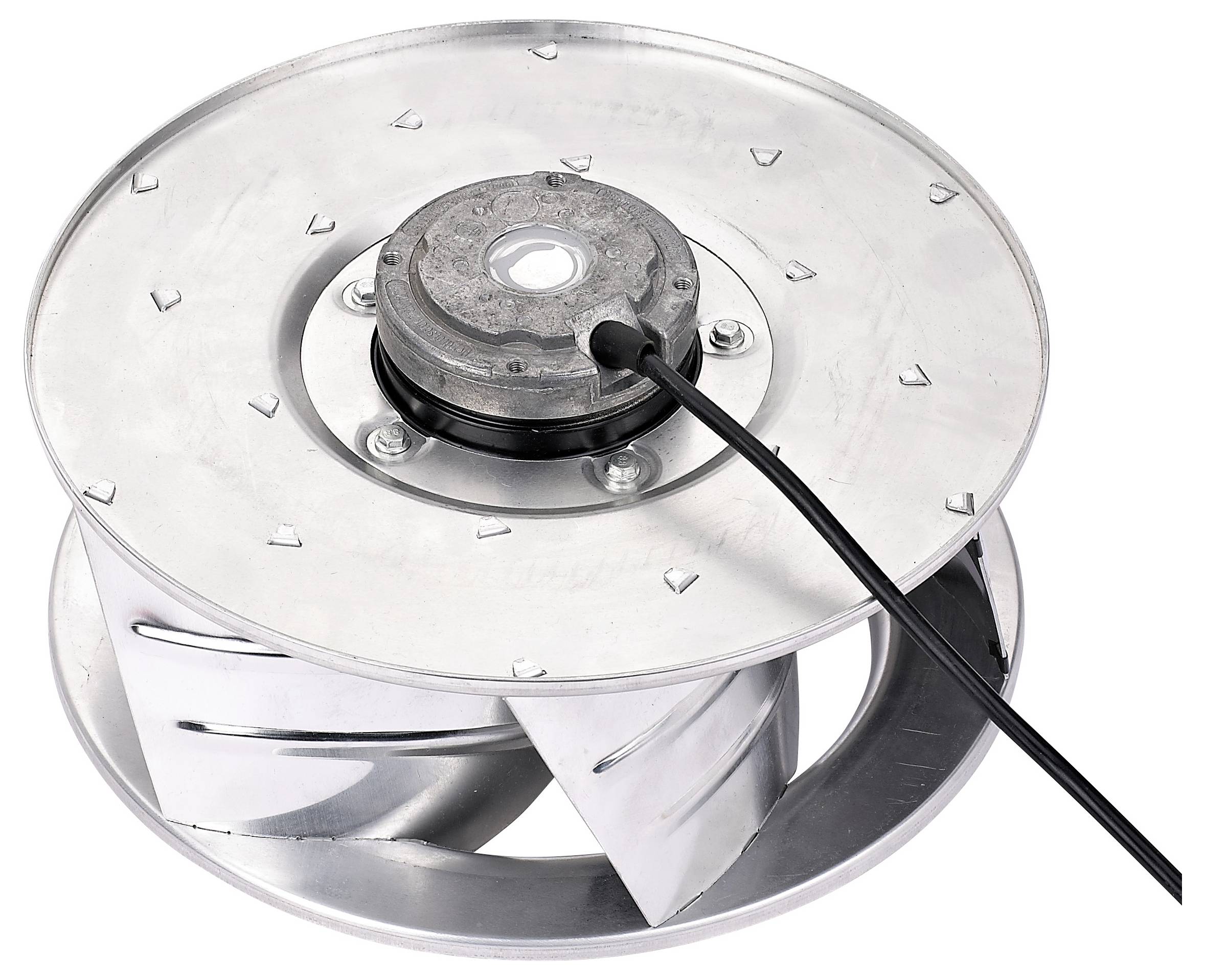 Ein metallischer Radialventilator mit einem zentralen Motor und einem sichtbaren Stromkabel, entwickelt zur Belüftung in industriellen oder kommerziellen Umgebungen.