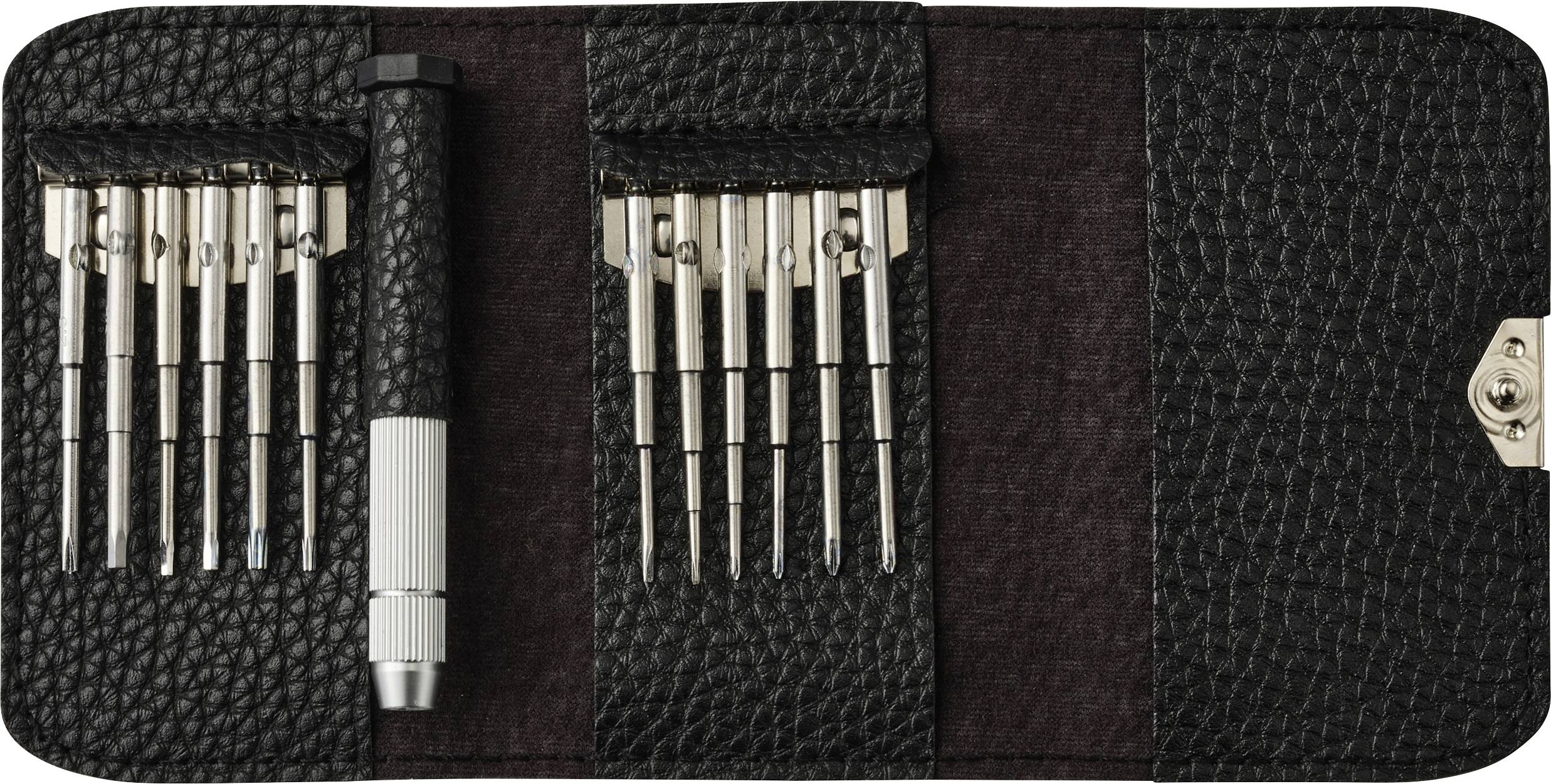 Ein schwarzes Ledertui, das aufgezippt ist und eine Vielzahl von Präzisionsschraubendrehern enthüllt, die in Schlitzen organisiert sind, mit einem metallischen Griff auf der linken Seite.