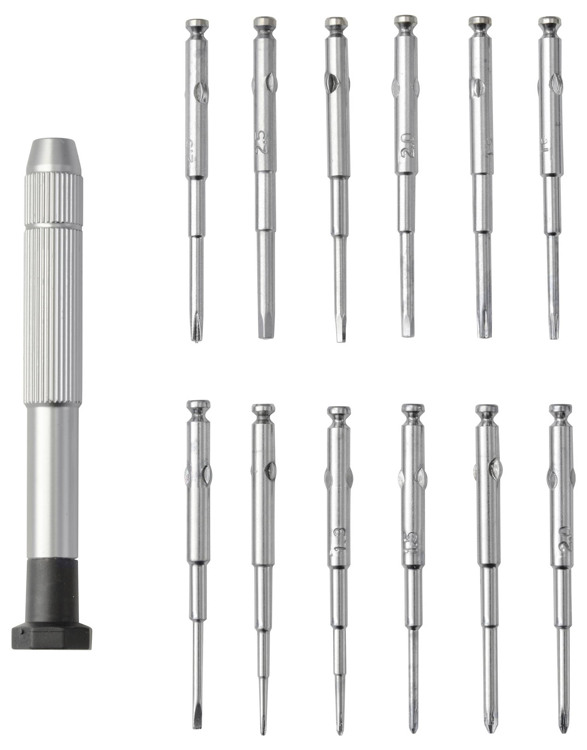Ein Satz von zwölf Präzisionsschraubendrehern in verschiedenen Größen mit einem Griff, verwendet für empfindliche Aufgaben wie Elektronik oder kleine Reparaturen.