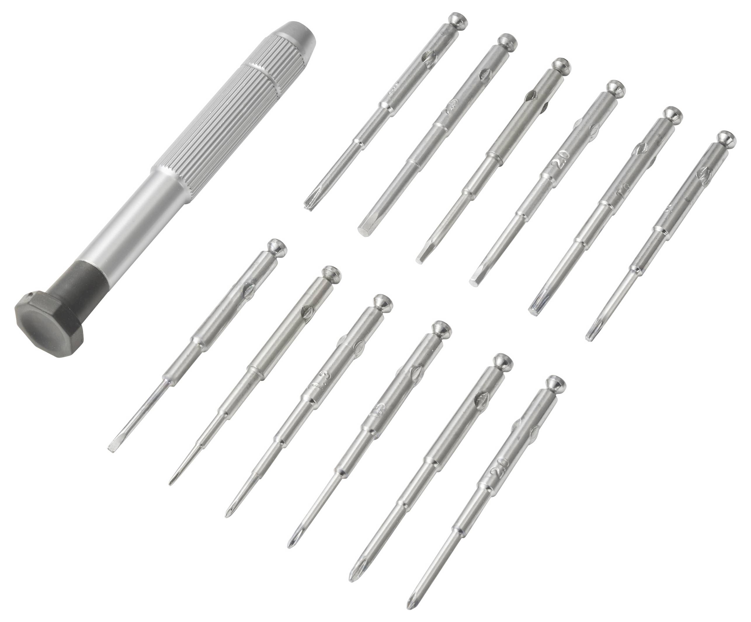 Ein kleiner Schraubendreher mit strukturiertem Griff wird neben zwölf austauschbaren Metallbits platziert, von denen jedes unterschiedliche Spitzenformen und -größen hat.