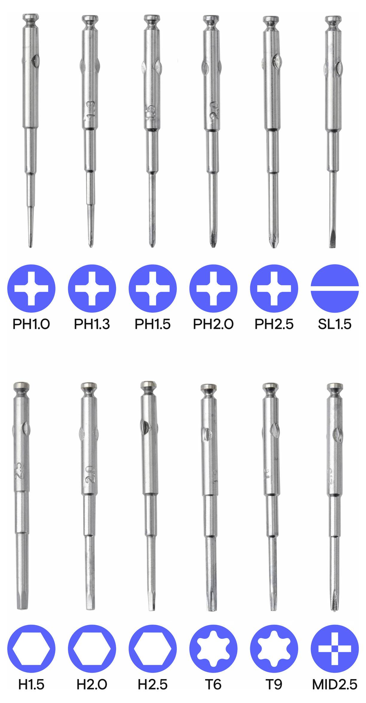 Dreizehn Präzisions-Schraubendreher-Bits: obere Reihe für Phillips- und Schlitzschrauben (PH1.0 bis SL1.5), untere Reihe für Sechskant- und Torx-Schrauben (H1.5 bis T9).