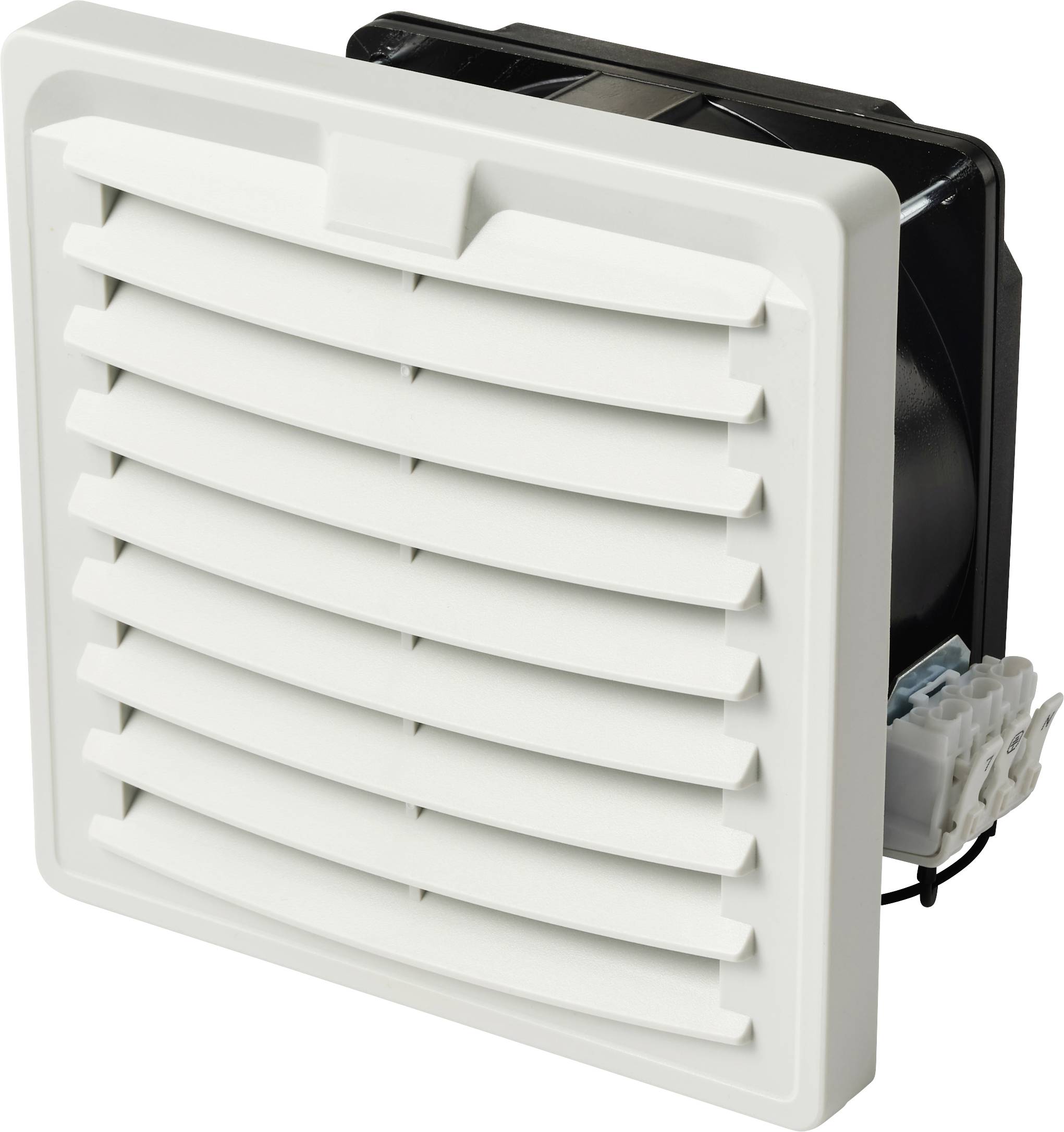 Ein weißer quadratischer Lüftungsventilator mit Lamellengitter, geeignet für die Wand- oder Deckenmontage, verwendet zur Verbesserung der Luftzirkulation in Räumen.