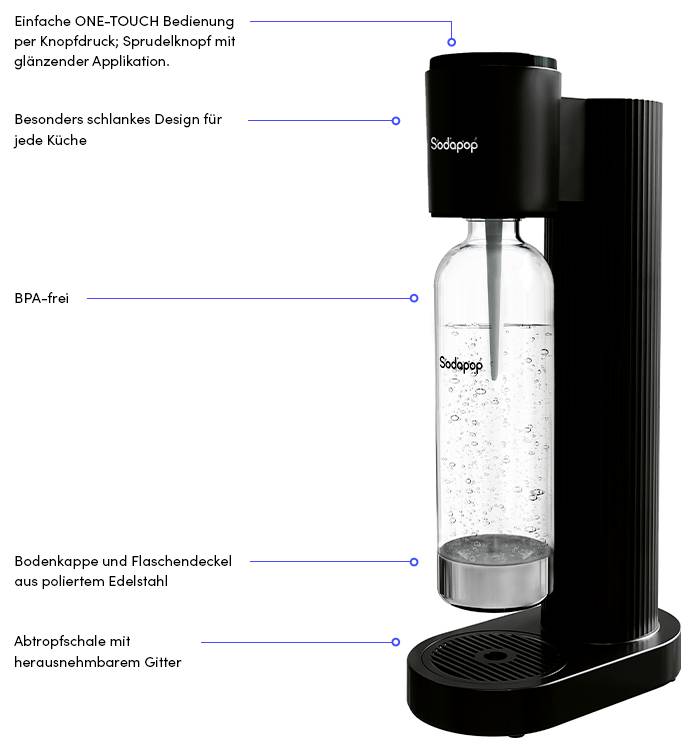 Sodapop' Sodamaker mit elegantem schwarzem Design. Zu den Funktionen gehören BPA-freie Materialien, polierter Edelstahldeckel und herausnehmbares Abtropfgitter.