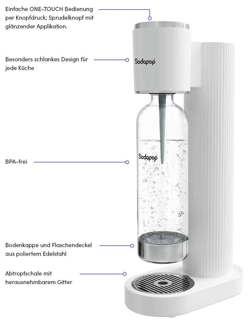 'Sodapop' Wassercarbonator in elegantem Design, per Knopfdruck bedienbar, BPA-frei, mit Edelstahl-Akzenten und herausnehmbarem Abtropfbrett.