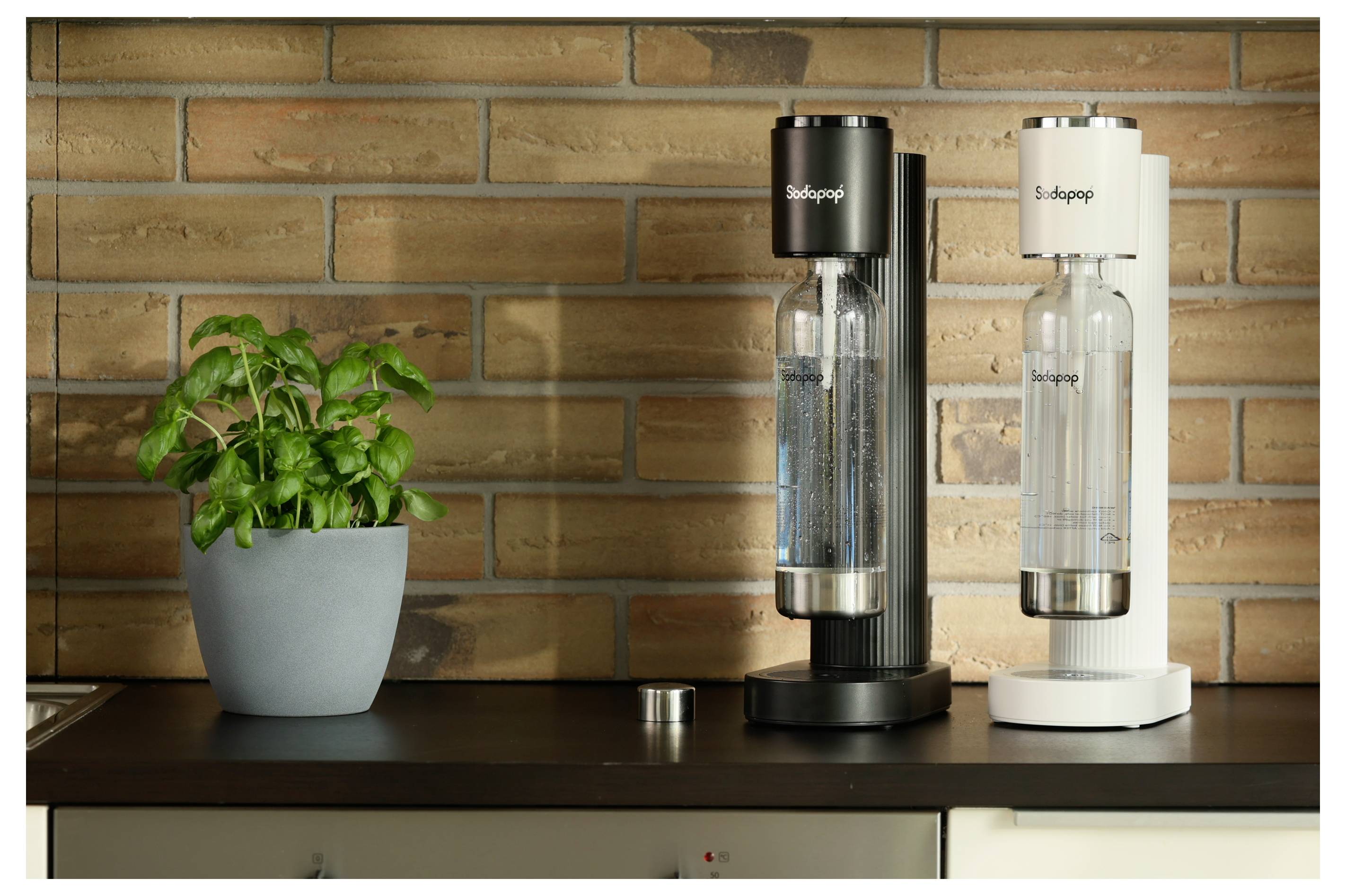 Zwei Wassersprudler, einer schwarz und einer weiß, mit Wasserflaschen auf einer Küchenarbeitsfläche neben einer Topfpflanze vor einer Ziegelwand.
