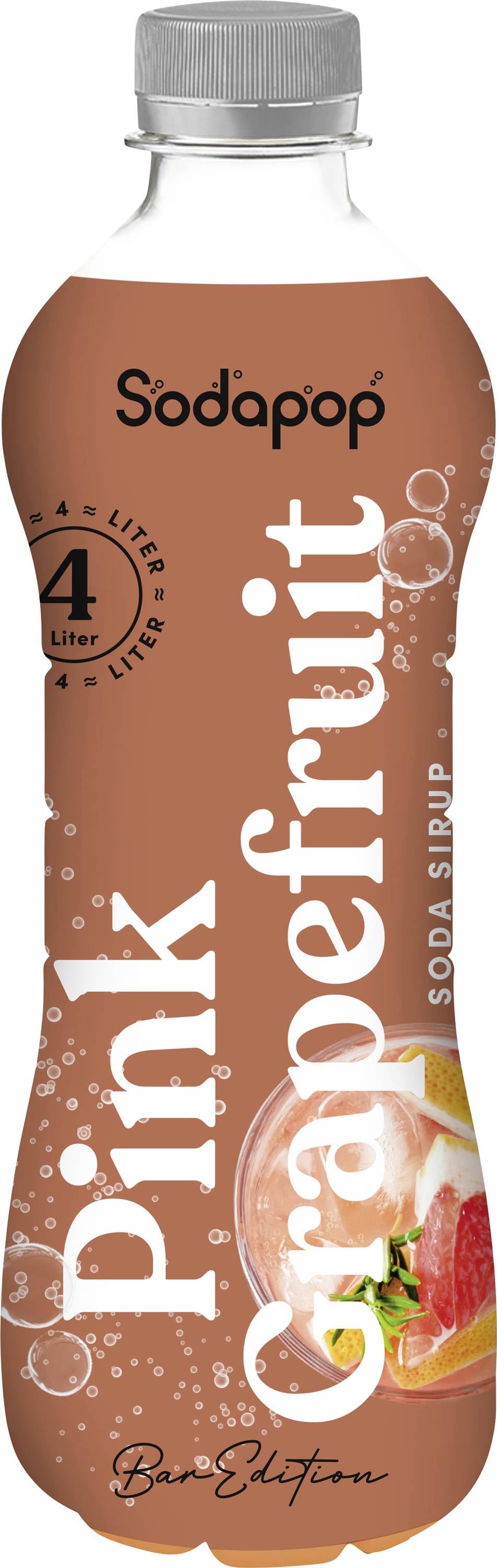 Eine Flasche Sodapop Marken Grapefruit-Sirup, auf dem Etikett '4 Liter', mit einem Bild eines Grapefruit-Segments auf der Vorderseite.