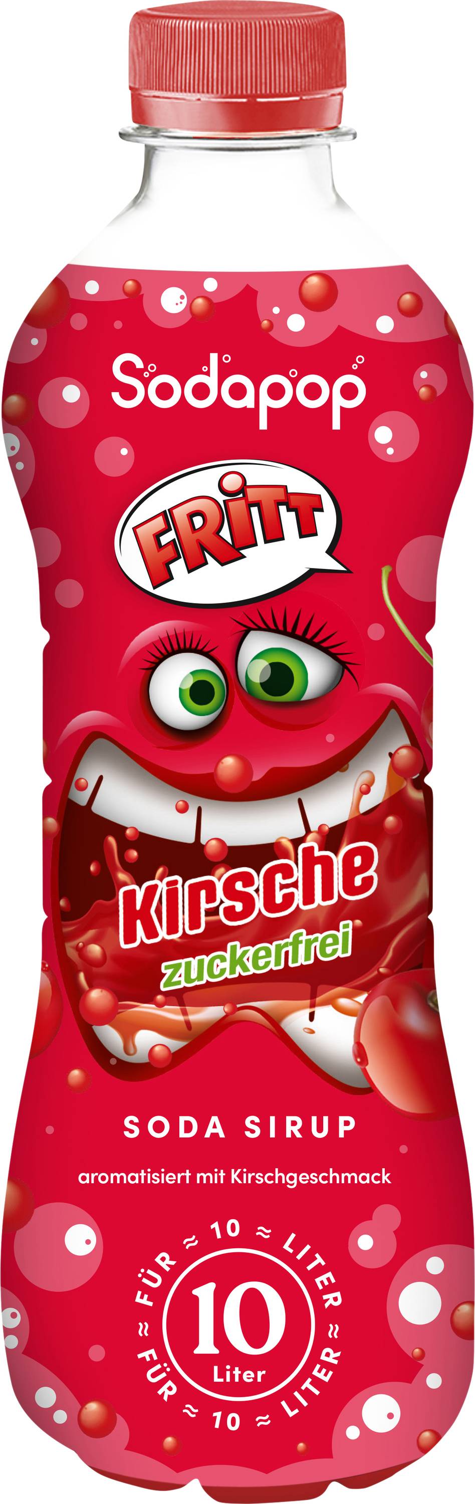 Eine rote Flasche 'Sodapop Fritt' Kirsch-Getränkesirup ohne Zucker, gekennzeichnet zur Herstellung von bis zu 10 Litern Getränk.