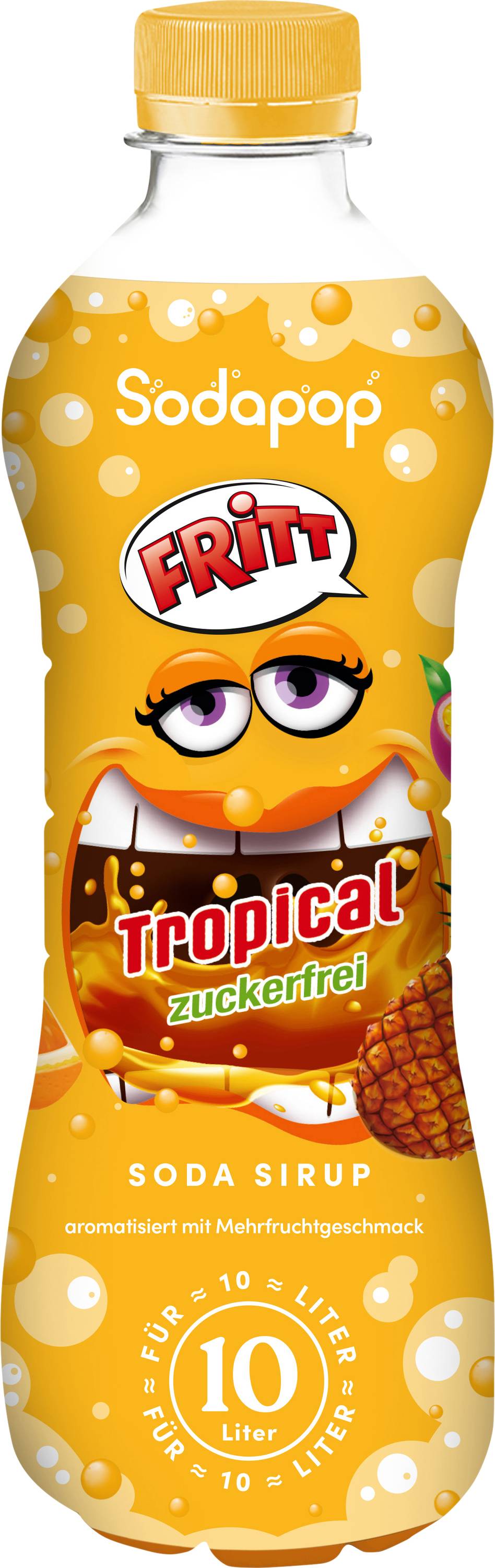 Eine bunte orangefarbene Erfrischungsgetränk-Sirupflasche mit der Aufschrift 'Sodapop Fritt Tropical zuckerfrei', die ein lächelndes, animiertes Obstgesicht zeigt.