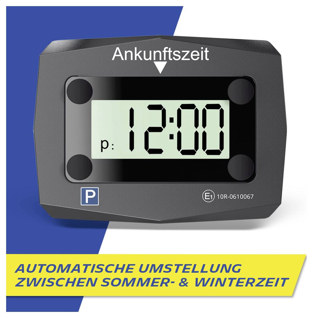 Ein digitaler Parkausweis, der 'Ankunftszeit' und die Zeit '12:00' anzeigt. Text darunter liest sich 'Automatische Umstellung zwischen Sommer- & Winterzeit'.