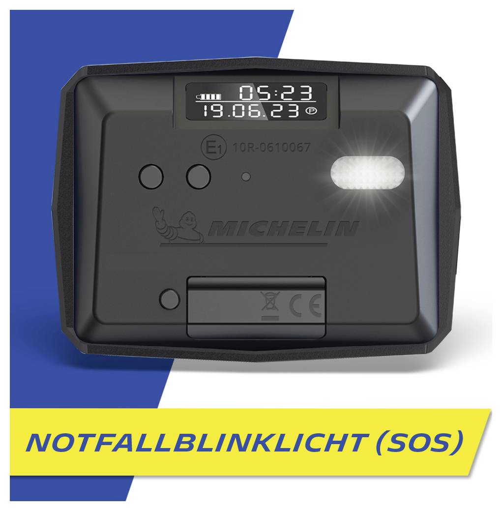 Ein kleines rechteckiges Gerät, das '05:23 19.06.23' anzeigt, mit einer beleuchteten Lampe und dem Text 'NOTFALLBLINKLICHT (SOS)' darunter.