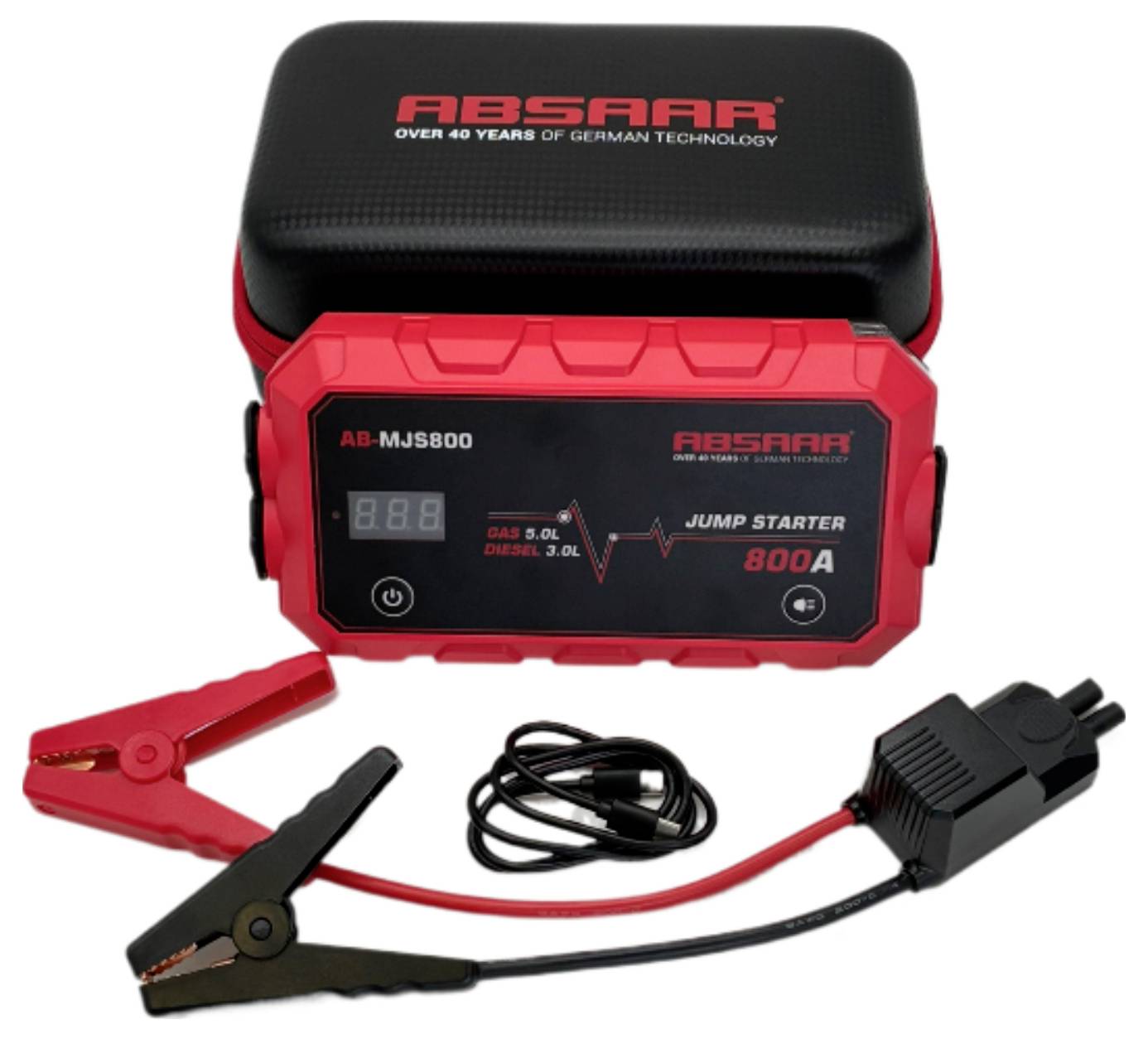 Absaar 800A Starthilfe mit Klemmen und Kabel, ausgestattet mit LED-Display und kompaktem Design, geeignet für Benzinmotoren bis zu 3,0 L.