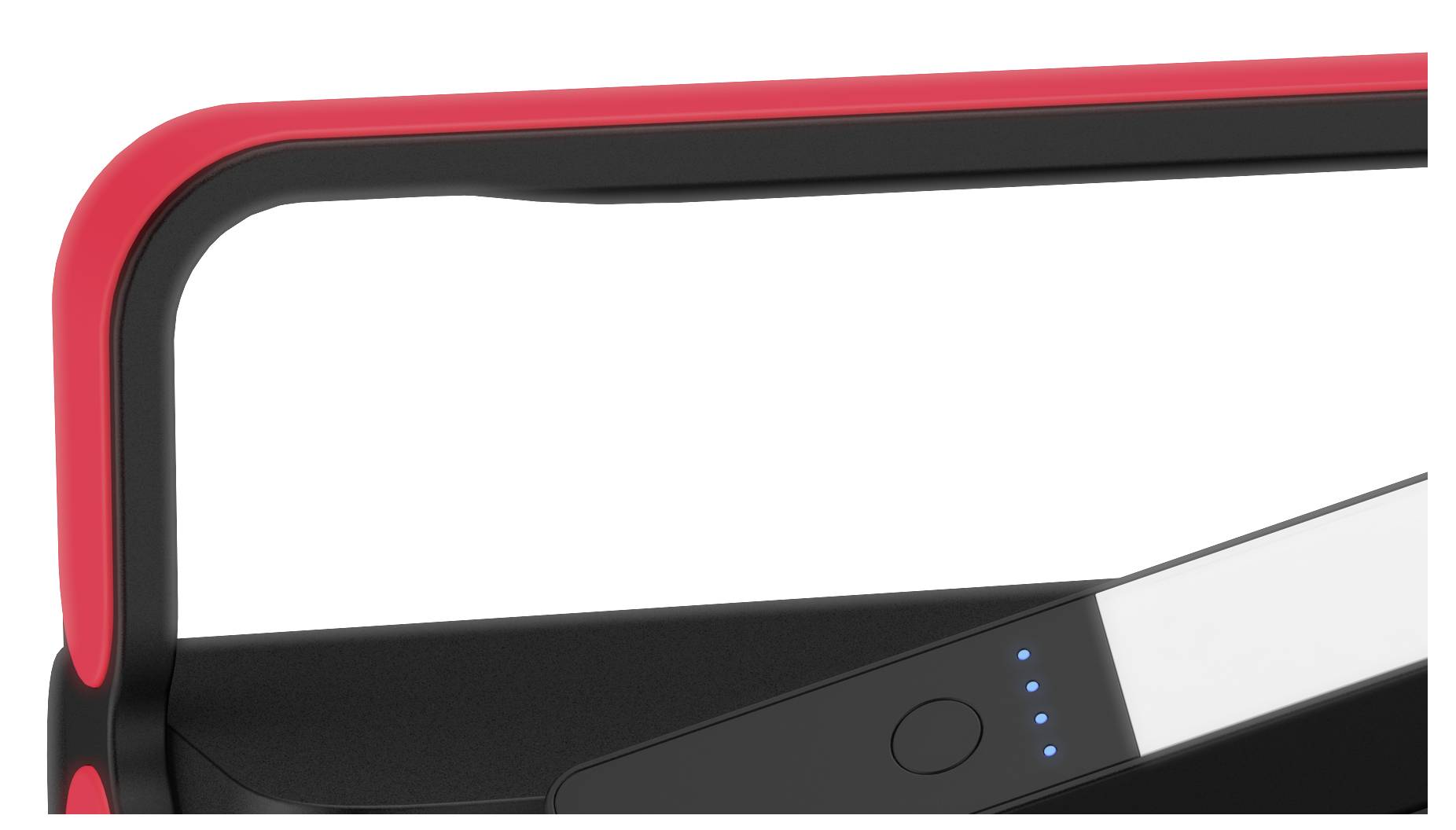 Ein schlankes schwarzes Gerät mit einem roten Griff und blauen LED-Anzeigen, was darauf hindeutet, dass es sich um eine mobile Stromquelle oder elektronische Ausrüstung handelt.