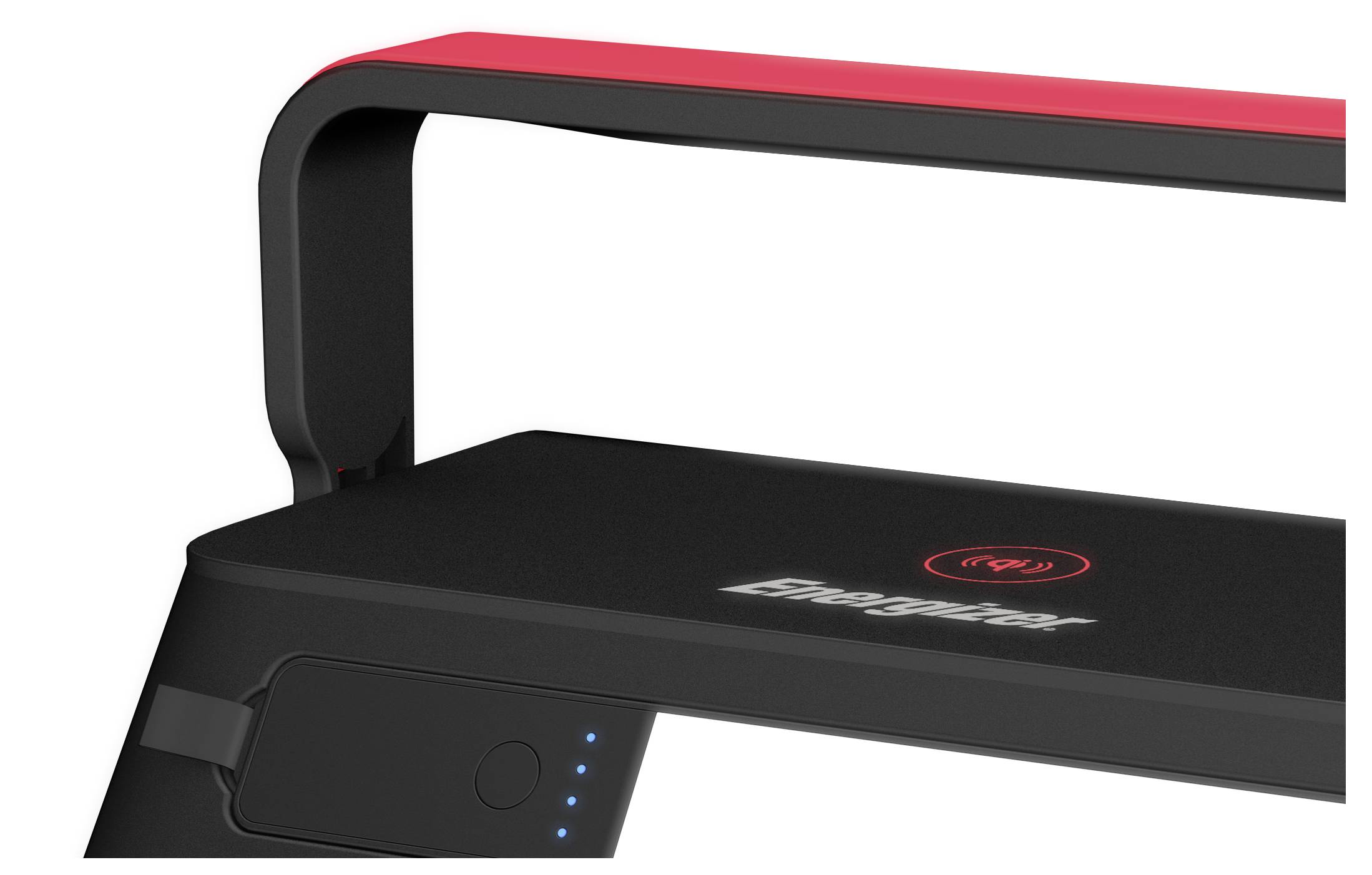 Eine Nahaufnahme eines schwarzen Energizer drahtlosen Ladegeräts mit roter Kante, das ein Ladessymbol und Anzeigelichter an der Seite zeigt.