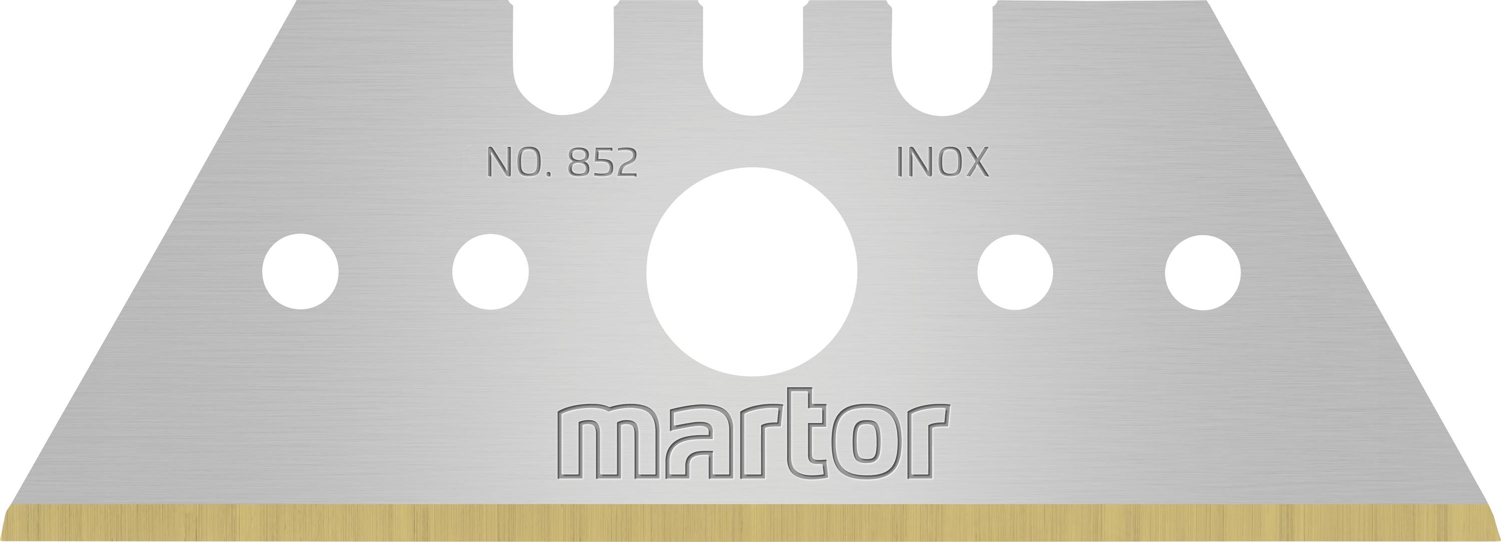 Martor-Edelstahlklinge mit 'NO. 852 INOX' Aufdruck, versehen mit einem zentralen Loch und gezackter Kante, geeignet für Schneidaufgaben.
