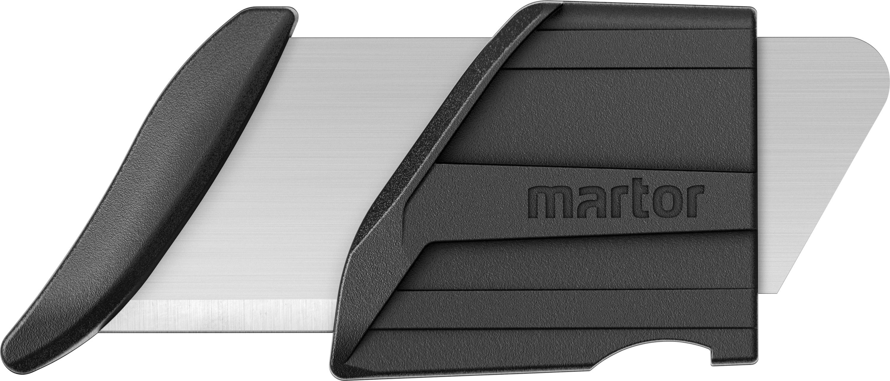 Ein schwarzer Sicherheitsmesser mit einziehbarer Klinge und einem Griff mit der Aufschrift 