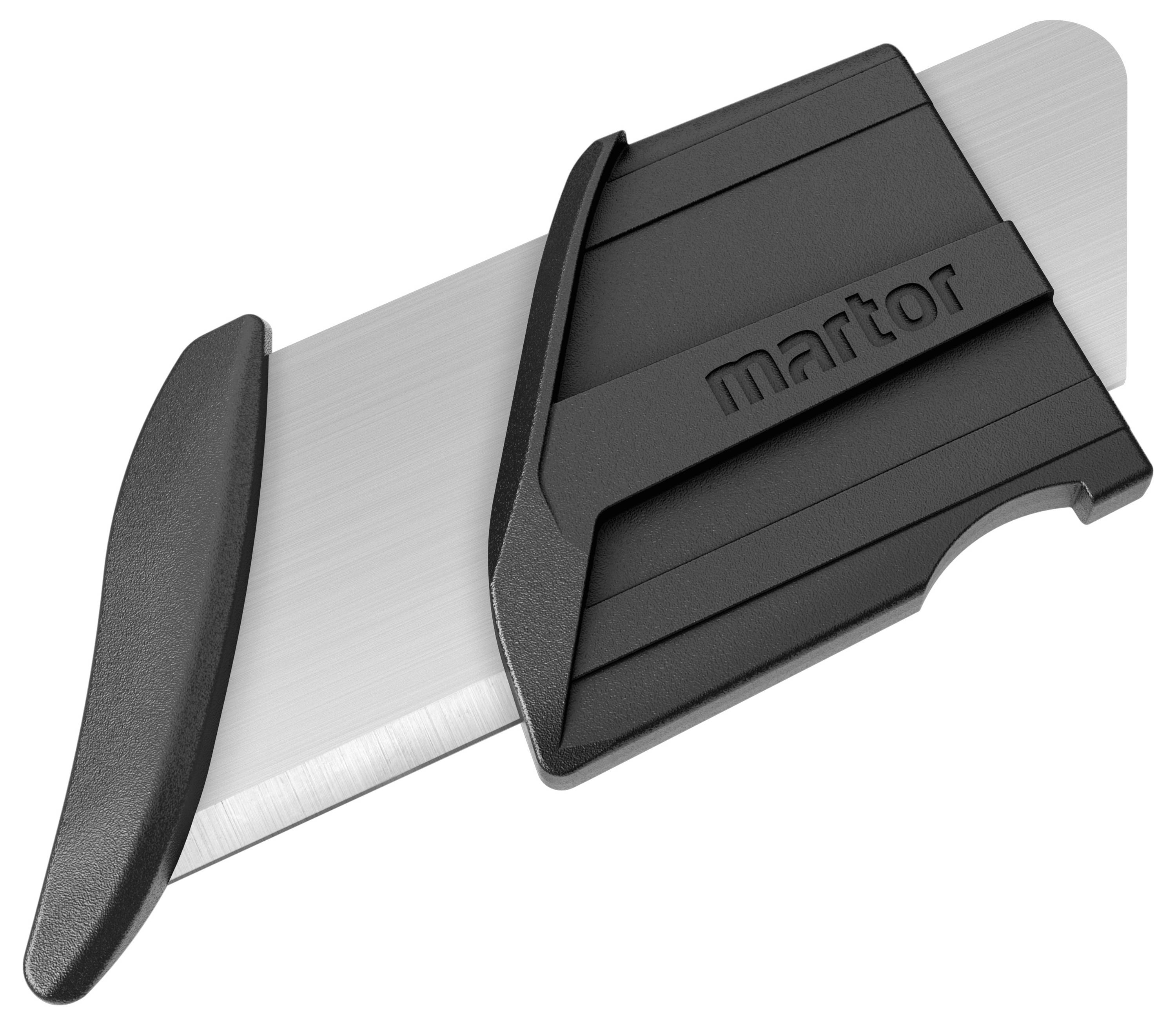 Sicherheitsmesser mit schwarzem Griff, angewinkelter Klinge, die teilweise von einem Schutz verdeckt wird, entwickelt zum Schneiden ohne direkten Kontakt zur Klinge.