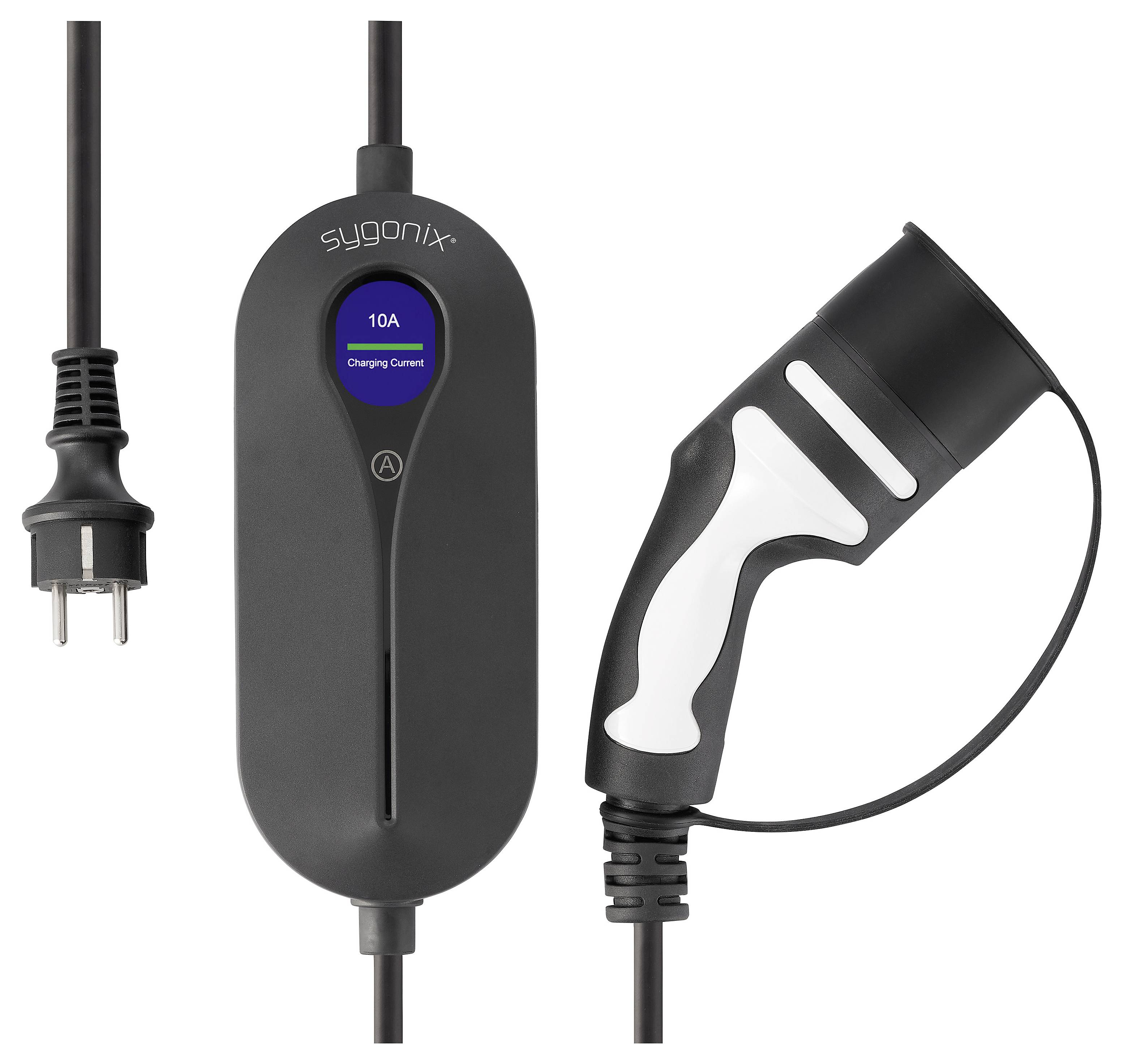 Elektrofahrzeug-Ladekabel mit Stecker und Griff, mit der Aufschrift sygonix, zeigt 10A Ladestrom auf digitaler Anzeige.
