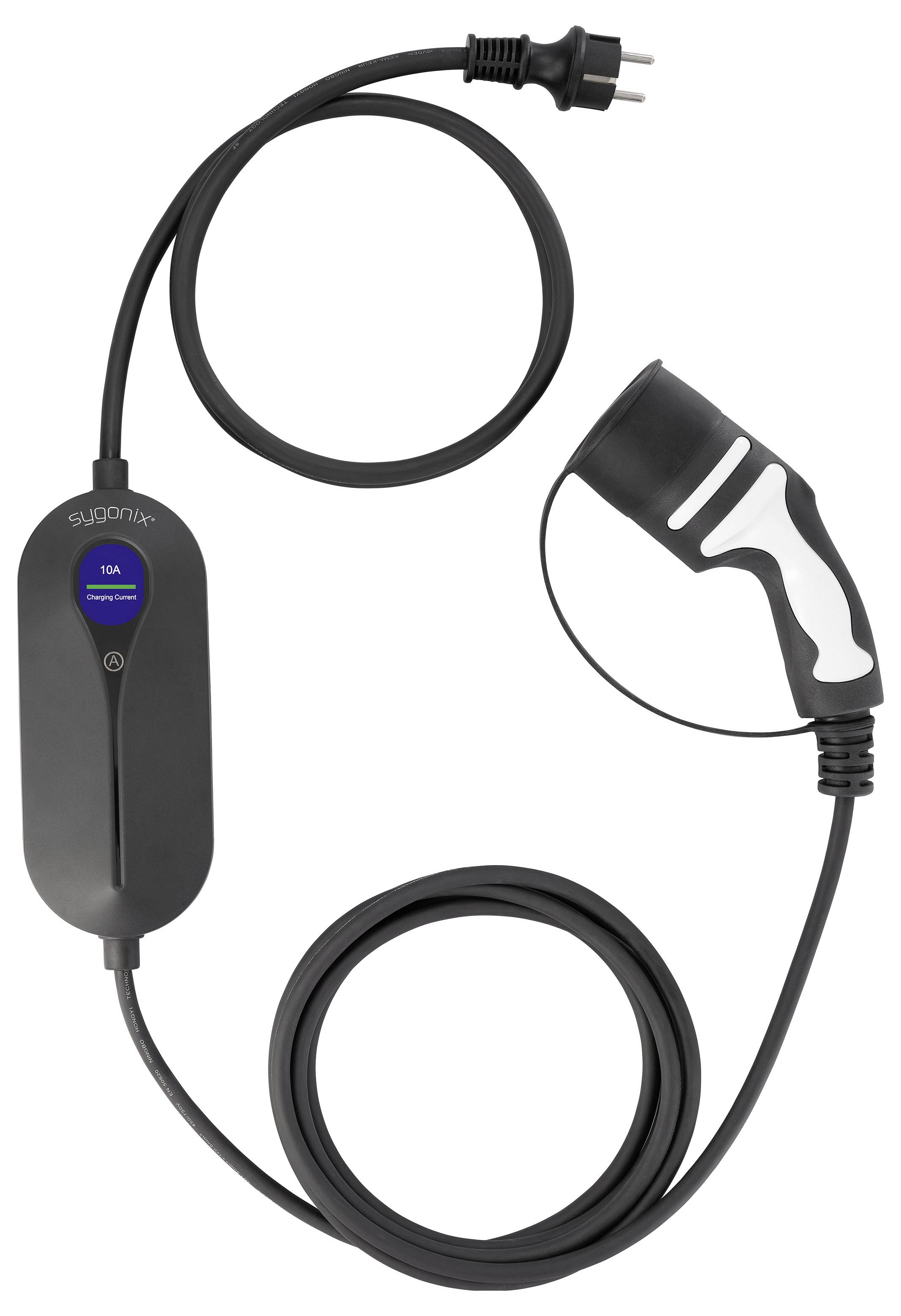 Ein Elektrofahrzeug-Ladekabel mit einem Stecker an einem Ende und einem Griff am anderen Ende, mit einer kompakten Steuereinheit in der Mitte.