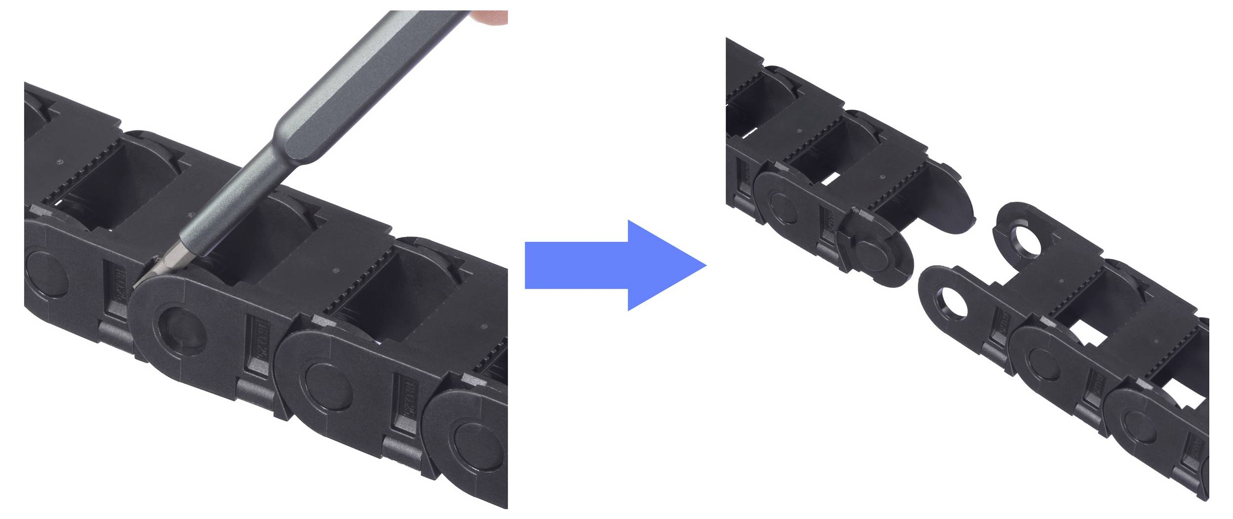 Ein Werkzeug hebelt eine schwarze Kabelträger-Verbindung im ersten Bild auf, gefolgt von einer vollständig offenen Verbindung im zweiten Bild, die den Öffnungsprozess zeigt.