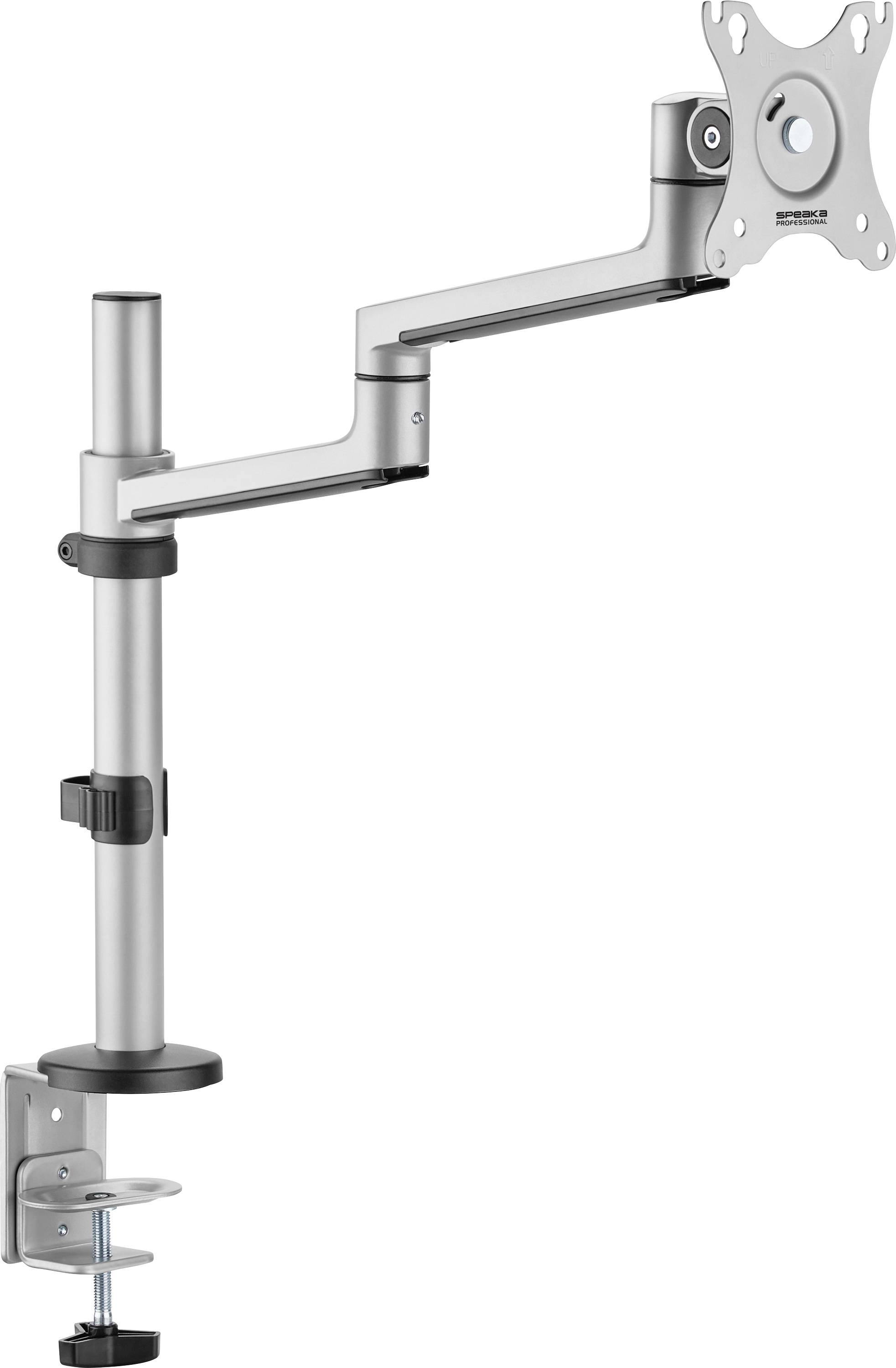 Ein silberner verstellbarer Monitorarm mit VESA-Halterung, entwickelt zur Befestigung an einem Schreibtisch und ermöglicht Höhen- und Neigungsverstellungen für ergonomische Bildschirmpositionierung.