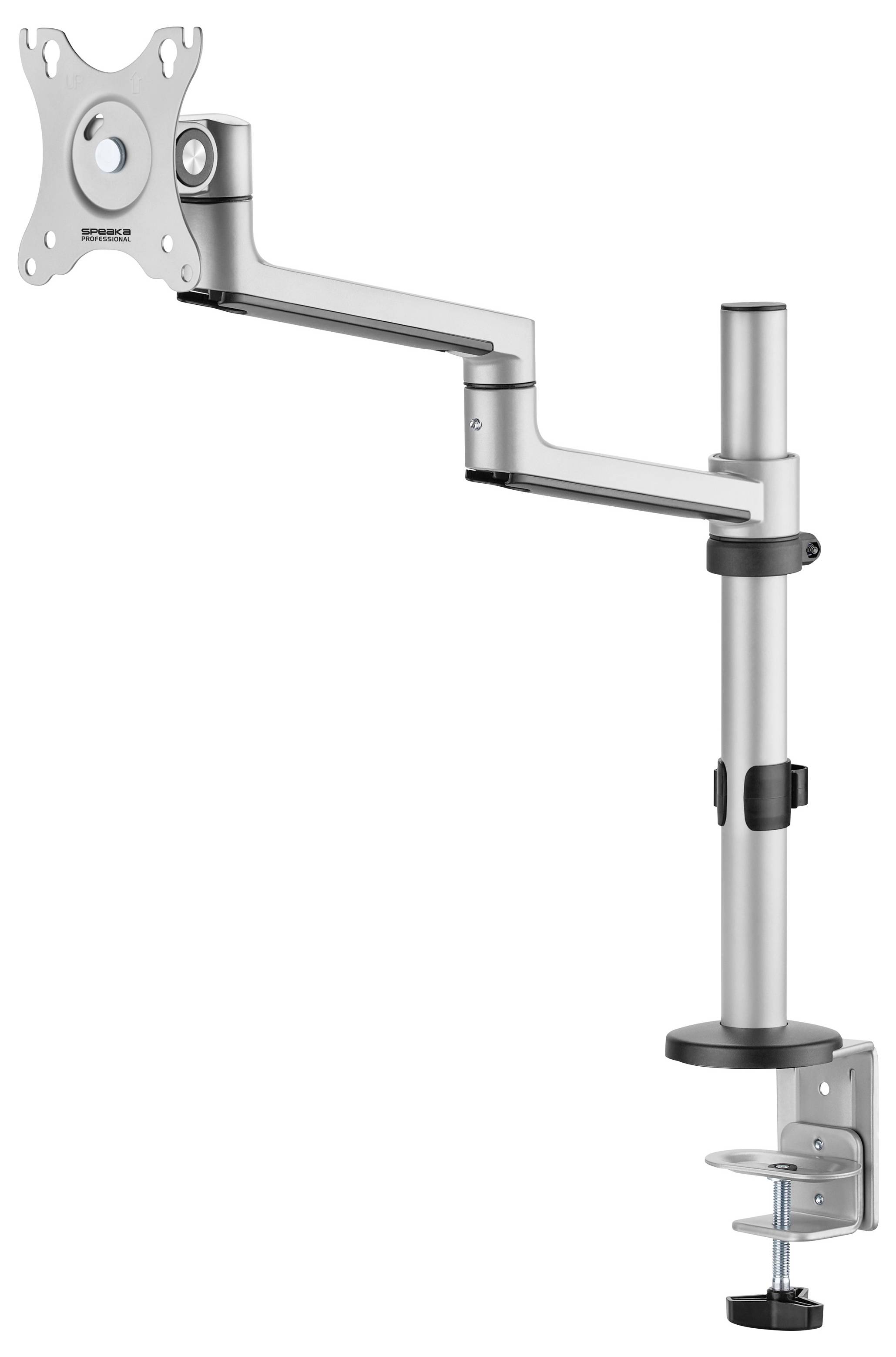 Verstellbarer Monitorarm mit Klemmhalterung, entwickelt zur Befestigung eines Bildschirms. Verfügt über einen flexiblen Arm und Drehgelenke für verschiedene Positionen.