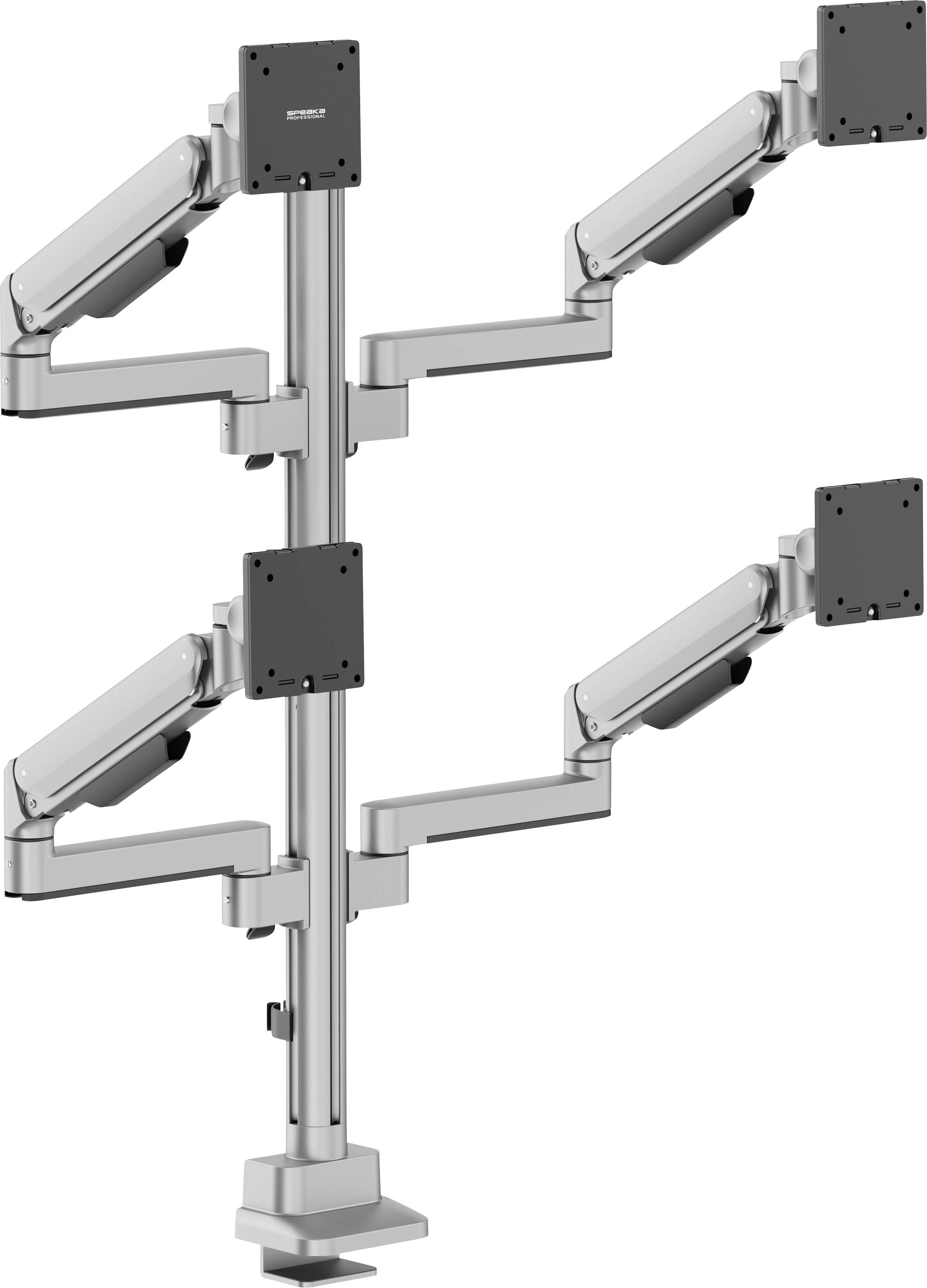 Metallmonitor-Halterung mit zentralem Pfosten und vier verstellbaren Armen, die Bildschirme in einer gestapelten 2x2-Anordnung unterstützen.