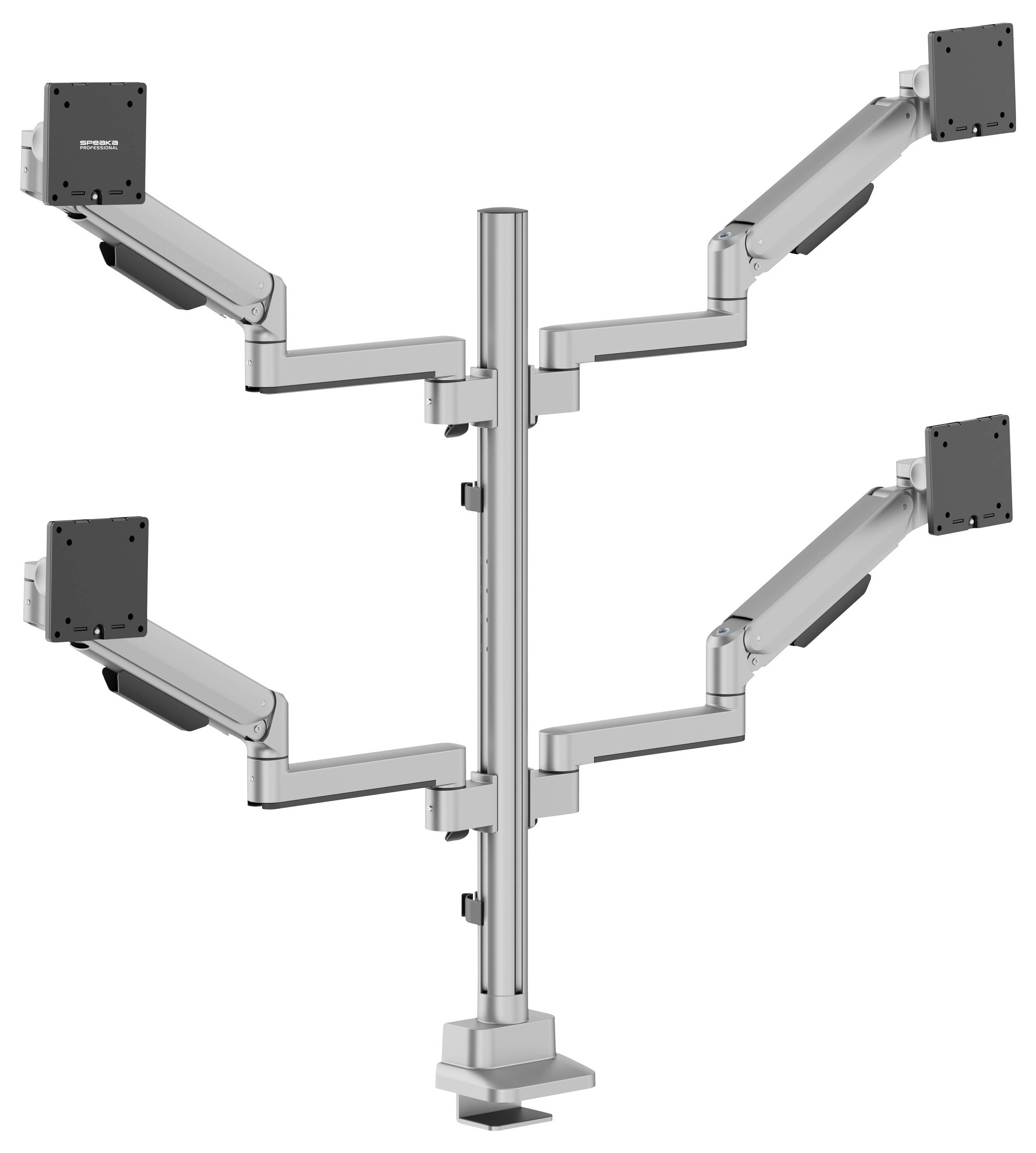 Metallstange mit vier verstellbaren Monitorarmen in verschiedenen Höhen montiert, jeweils mit einer VESA-Bildschirmhalterung am Ende.