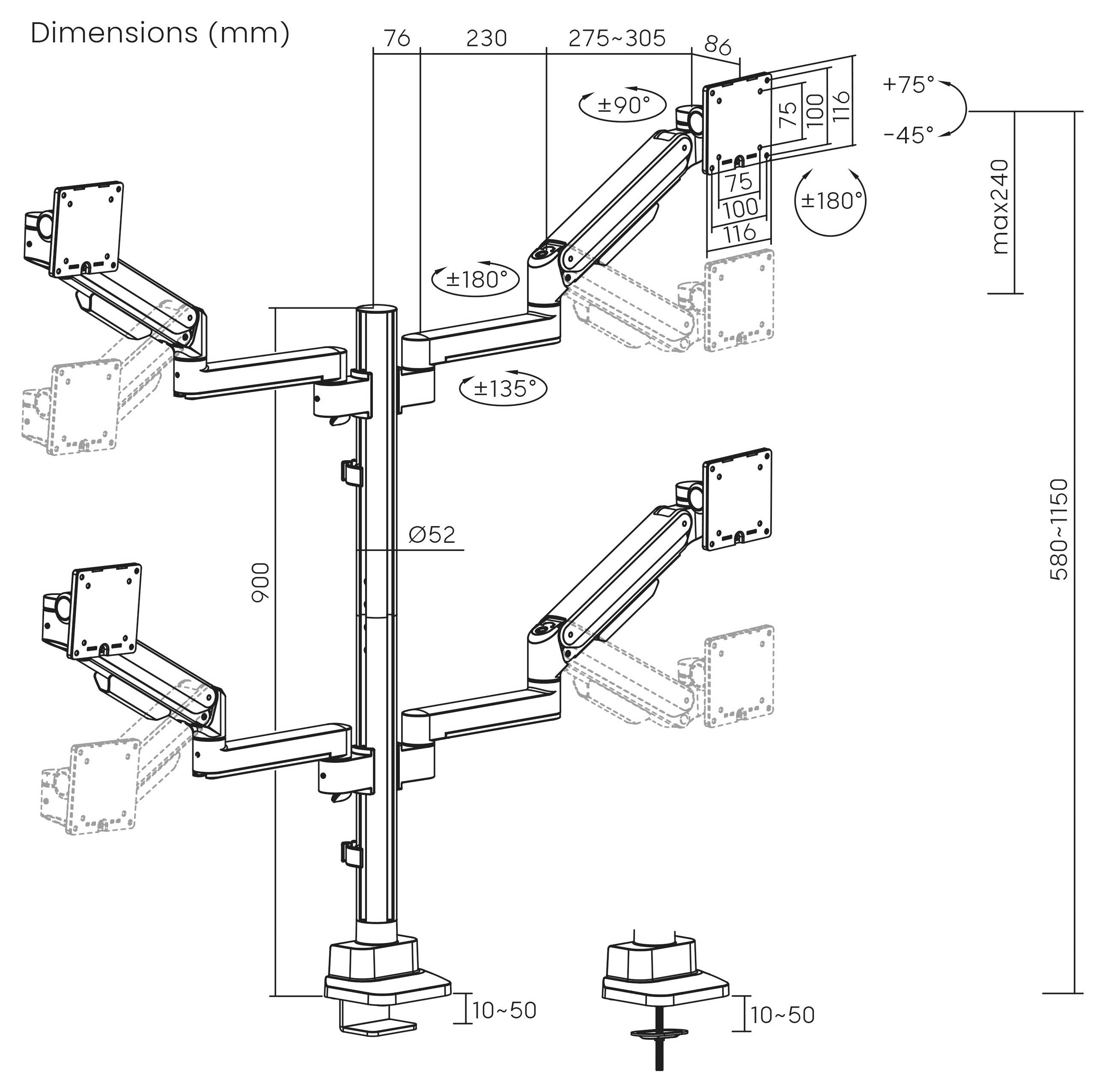 SpeaKa Professional SP-MM-1070 Monitor-Tischhalterung 4 Display(s) 43,2cm (17") - 101,6cm (40") Aluminium Neigbar, Schwenkbar