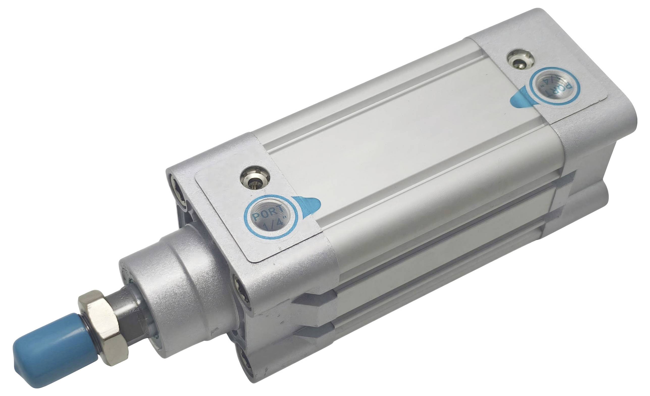 Pneumatischer Zylinder mit silbernem Gehäuse und blauer Endkappe, mit der Bezeichnung 