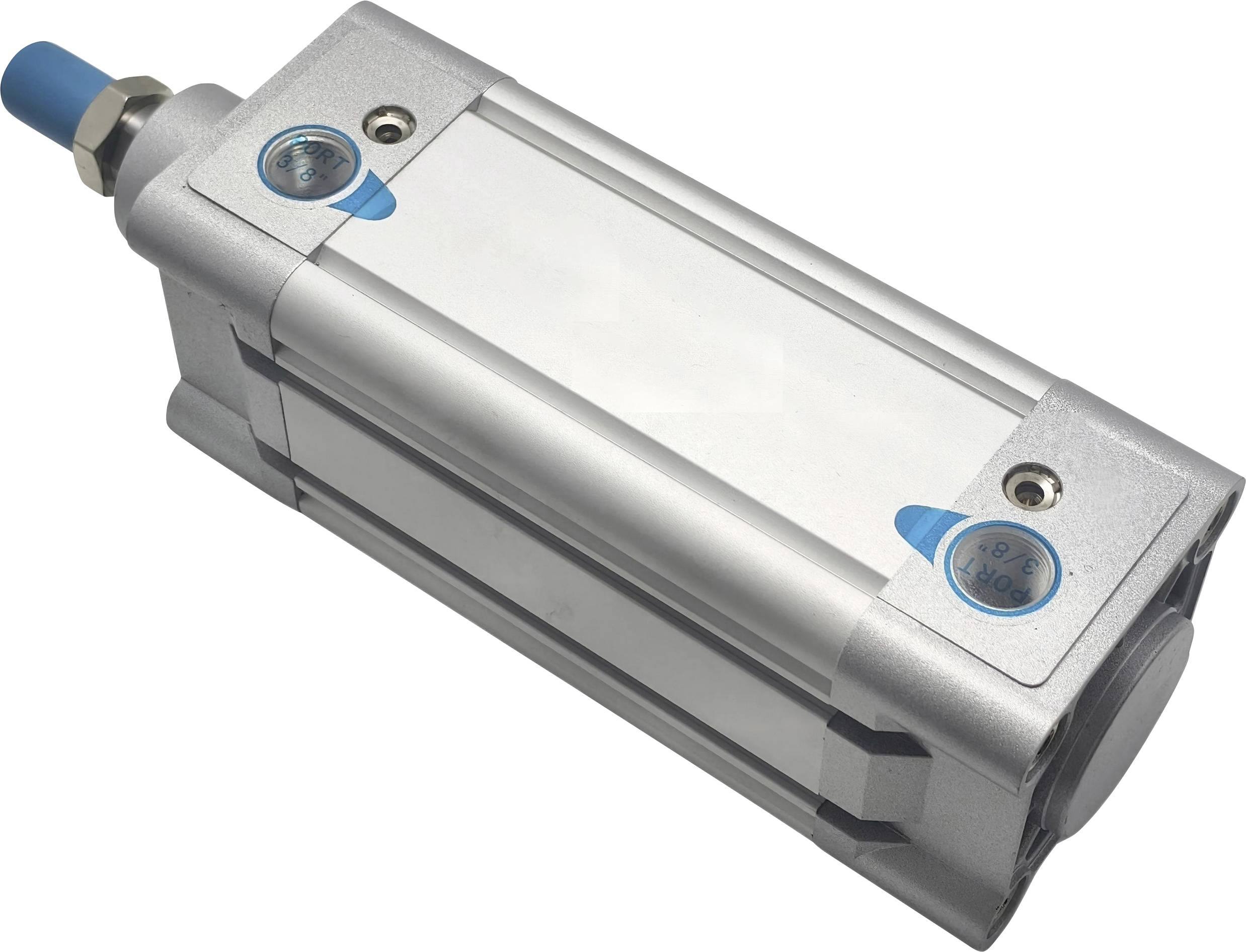 Ein silberner pneumatischer Aktuator mit blauen Akzenten, mit zylindrischem Design und sichtbaren Ventilen, verwendet in Industriemaschinen.
