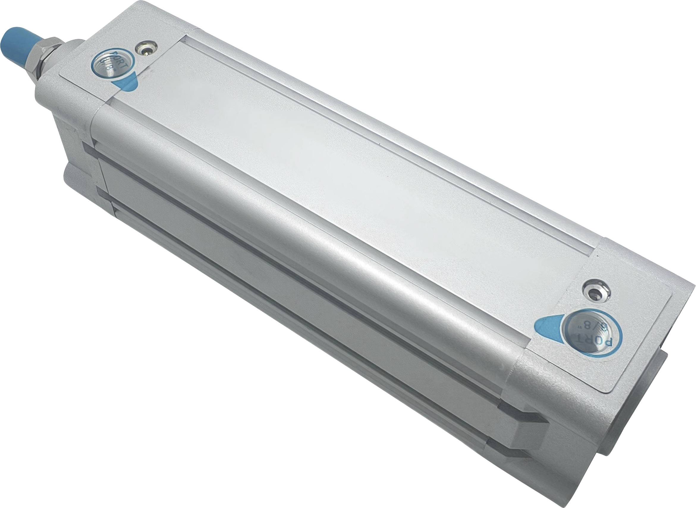 Ein metallischer rechteckiger pneumatischer Zylinder mit hydraulischen Anschlüssen an beiden Enden, mit blauen Akzenten und einer glatten Oberflächenfinish.