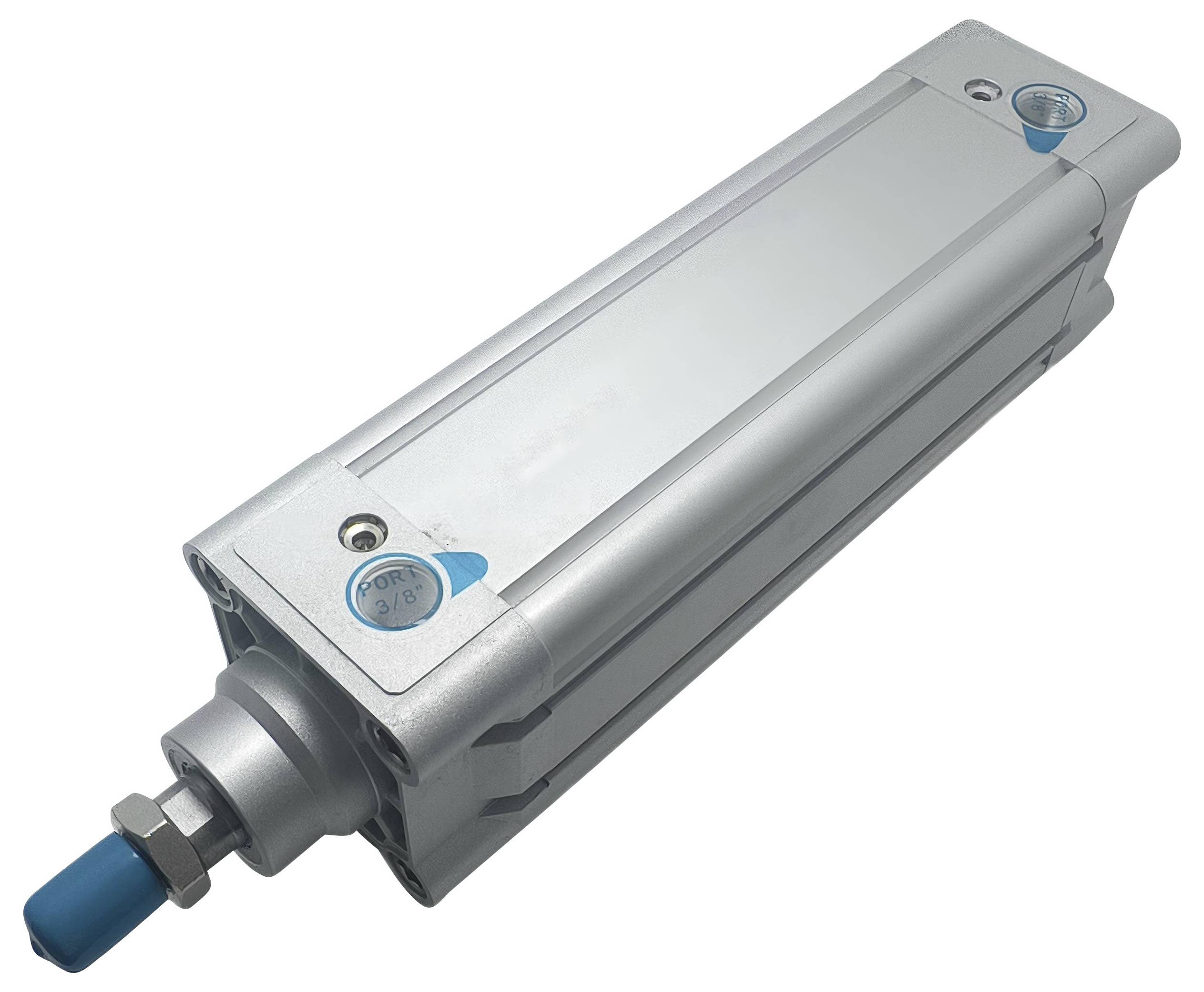 Ein metallischer pneumatischer Zylinder mit blauer Kappe und Anschluss wird gezeigt, mit rechteckiger Form und robuster Konstruktion für industrielle Verwendung.