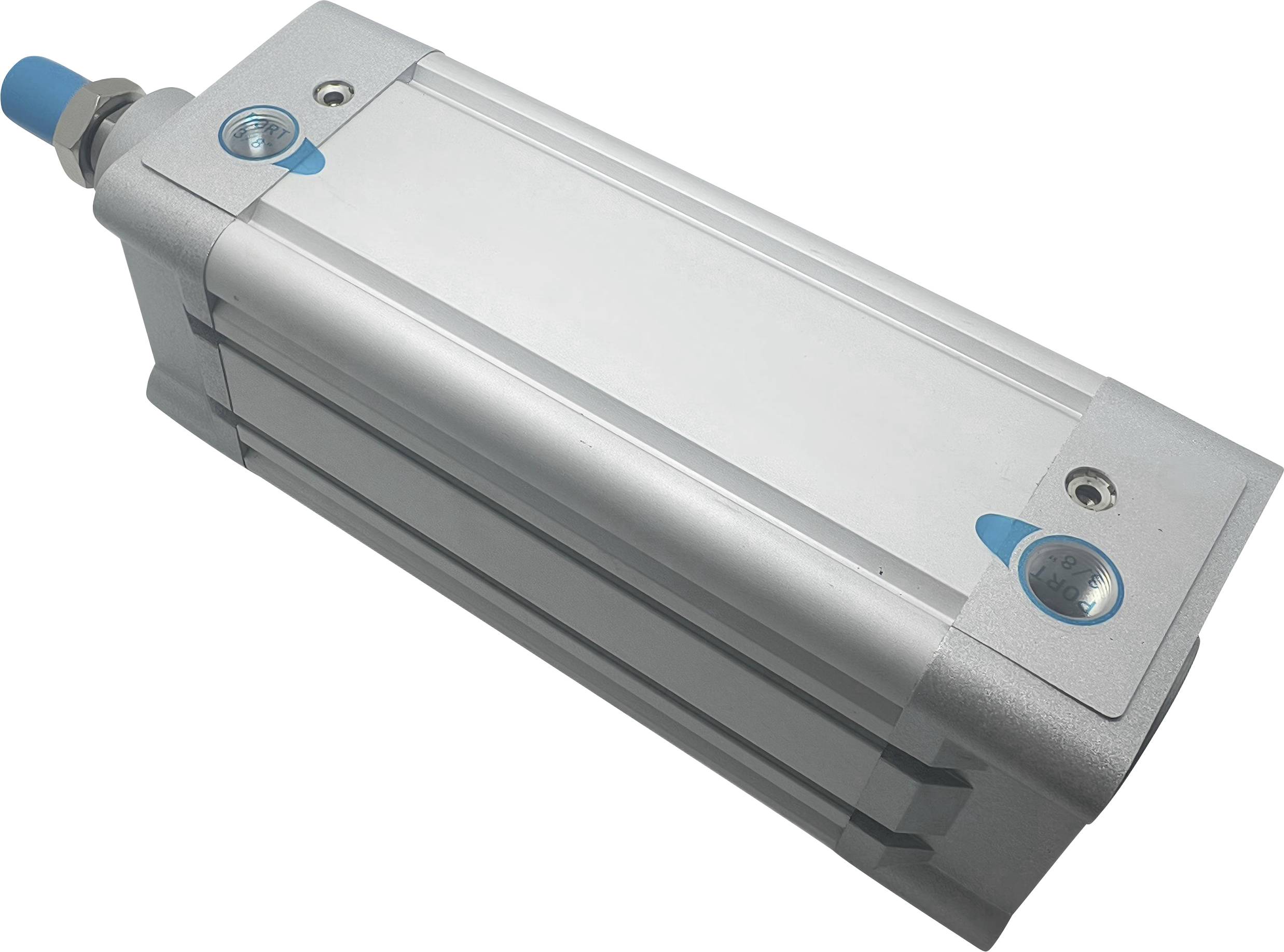 Pneumatischer Zylinder mit silbernem Gehäuse, blauen Anschlüssen und Befestigungslöchern auf jeder Seite, verwendet in der Industrieautomation für Linearbewegungen.