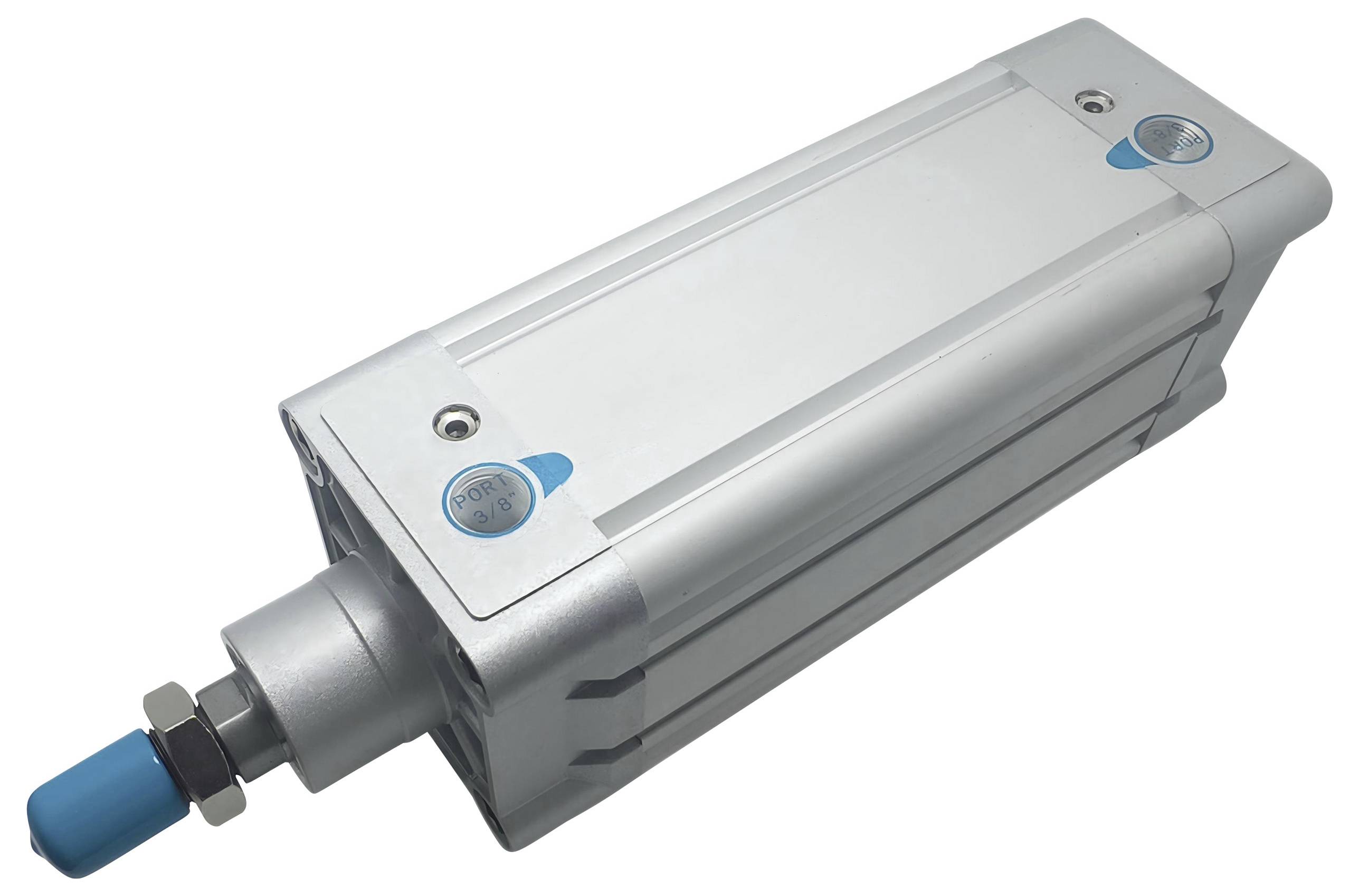 Ein pneumatischer Zylinder mit metallischem Gehäuse und einer blauen Kappe auf seinem Ventil, konstruiert für Anwendungen der Industrieautomation.