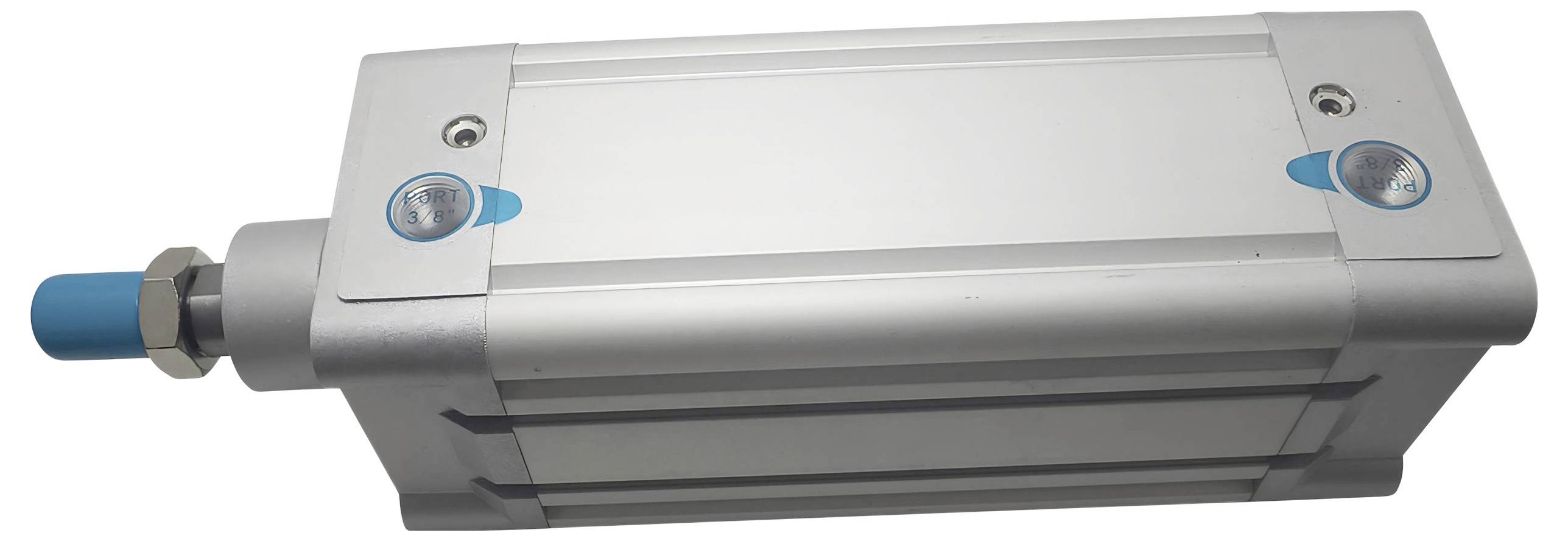Industrieller pneumatischer Zylinder mit silbernem Gehäuse, blauer Kappe und Montagepunkten, verwendet in Maschinen für Linearbewegungsanwendungen.