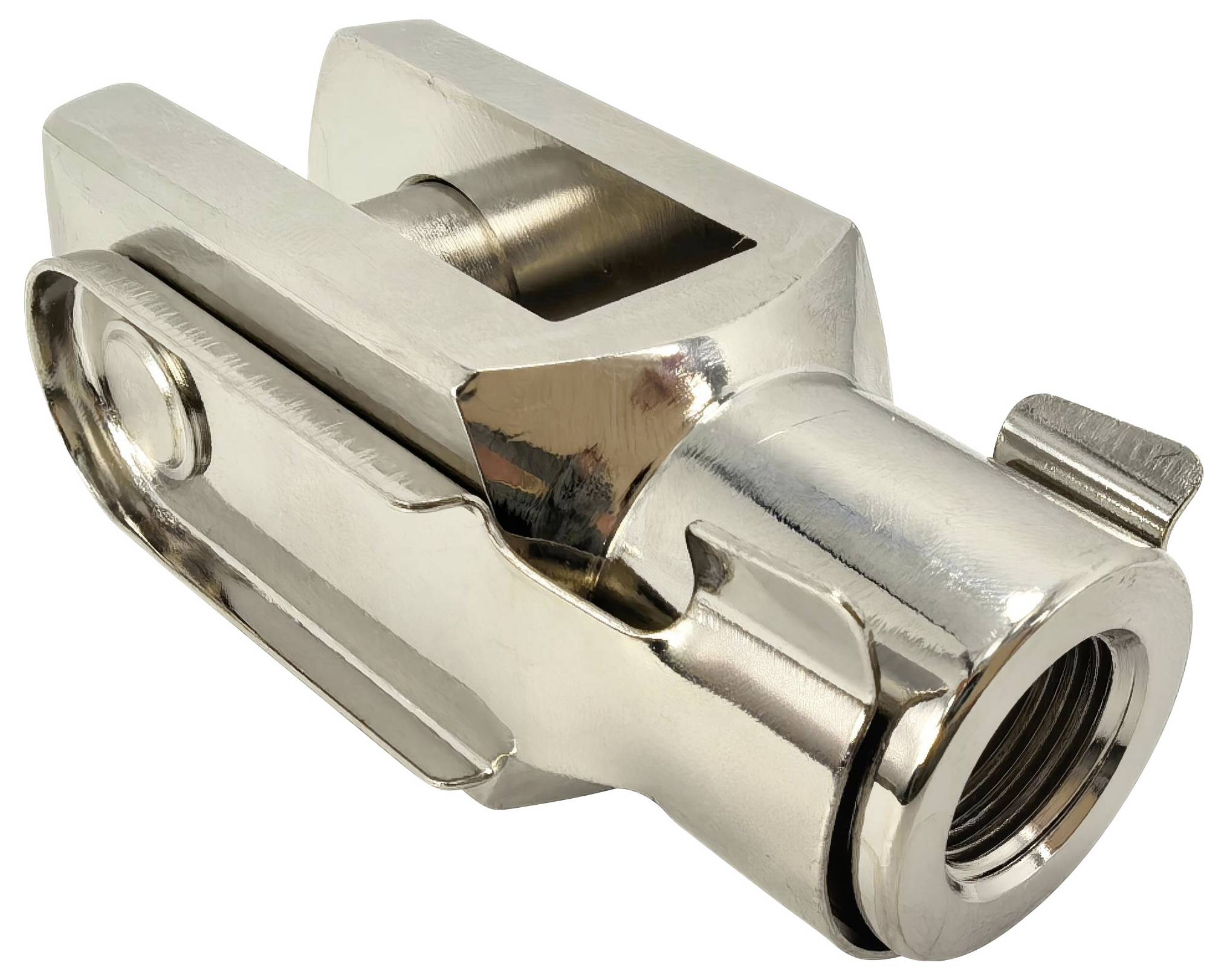 Eine silberfarbene Metallkomponente mit Gewinde und einer rechteckigen Öffnung, möglicherweise Teil einer Maschine oder eines Werkzeugs, aus einem Winkel betrachtet.