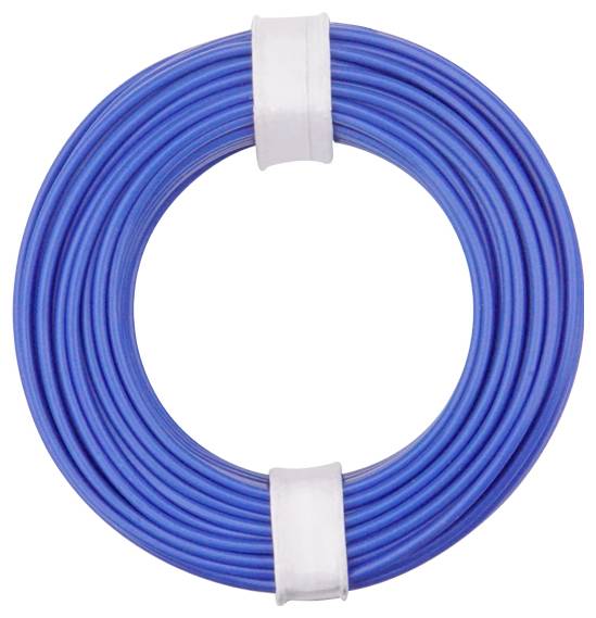 Ein aufgewickeltes blaues Ethernet-Kabel, das mit weißen Bändern befestigt ist und häufig für Netzwerk- und Internetverbindungen verwendet wird.