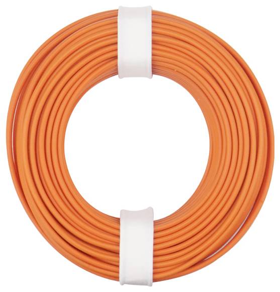 Ein gewickeltes orangefarbenes elektrisches Kabel mit zwei weißen Bändern, die es an seinem Platz halten.