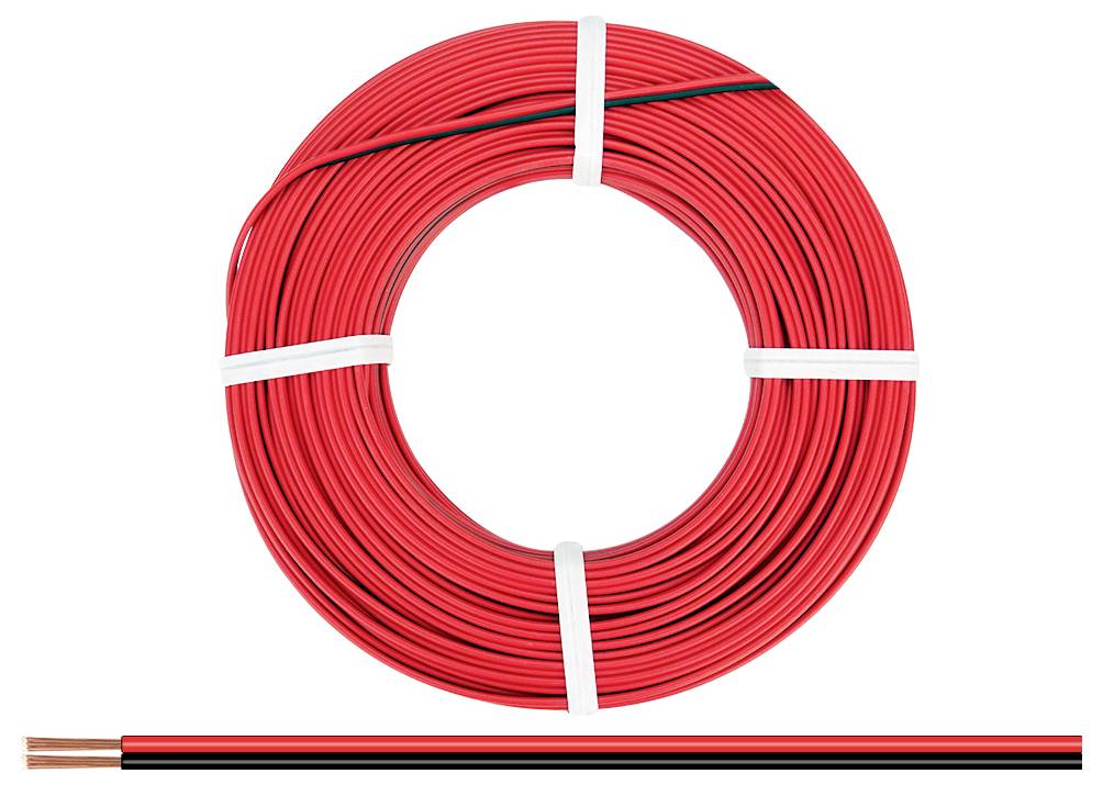 Eine Rolle roten elektrischen Drahts mit drei weißen Kabelbindern, auf weißem Hintergrund platziert. Ein Abschnitt des Kupferinneren des Drahts ist darunter sichtbar.
